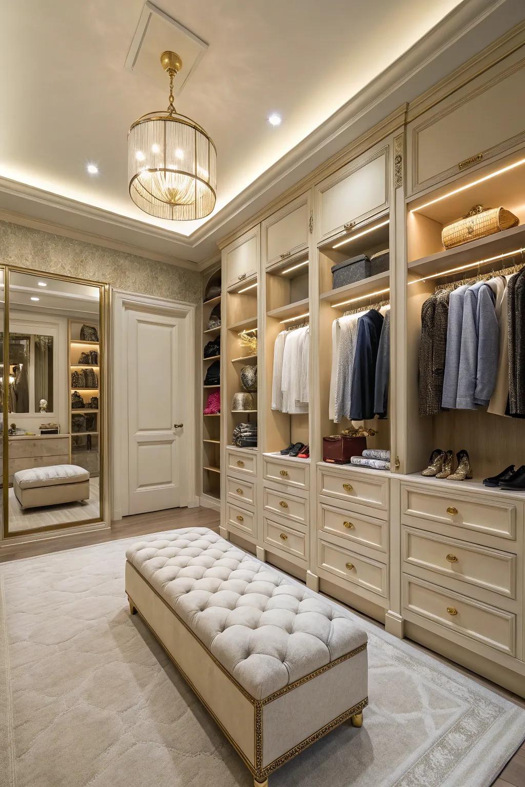 A roomy closet featuring a plush bench and sophisticated decor.