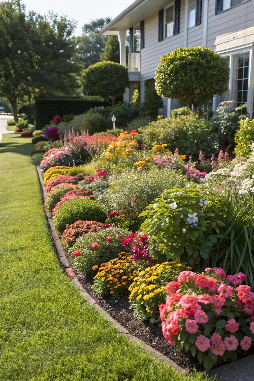 Brighten your front yard with delightful, colorful flower beds.
