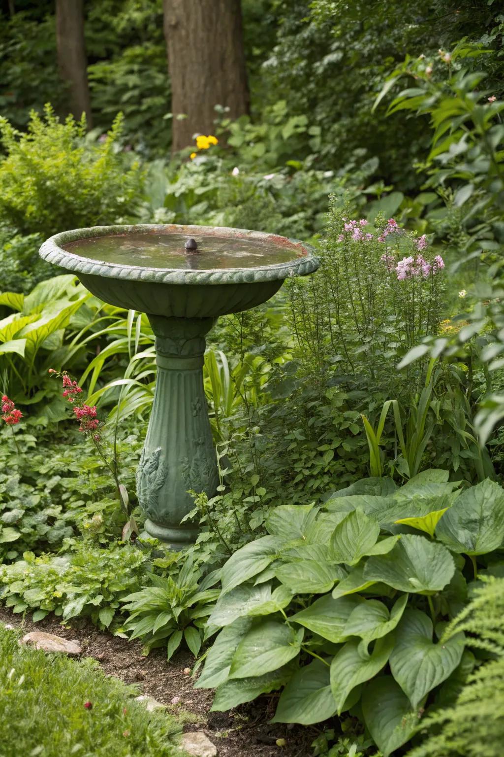 A green bird bath hidden among lush greenery, a natural and inviting spot for birds.