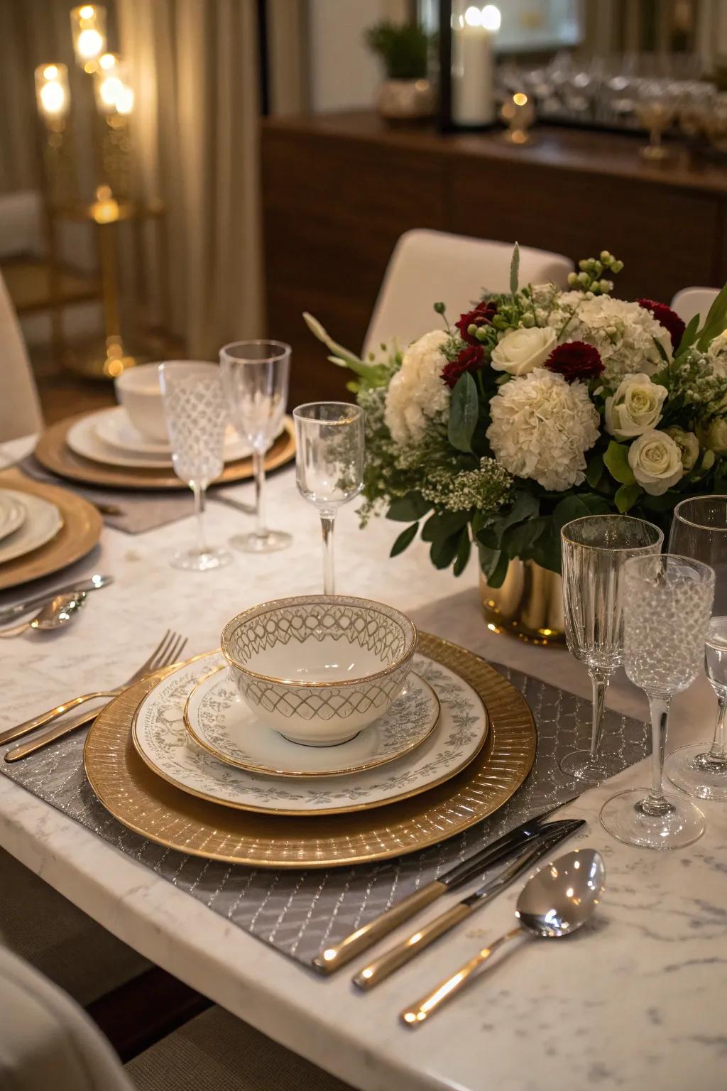 Produce an exquisite dining atmosphere through an elegant table arrangement.