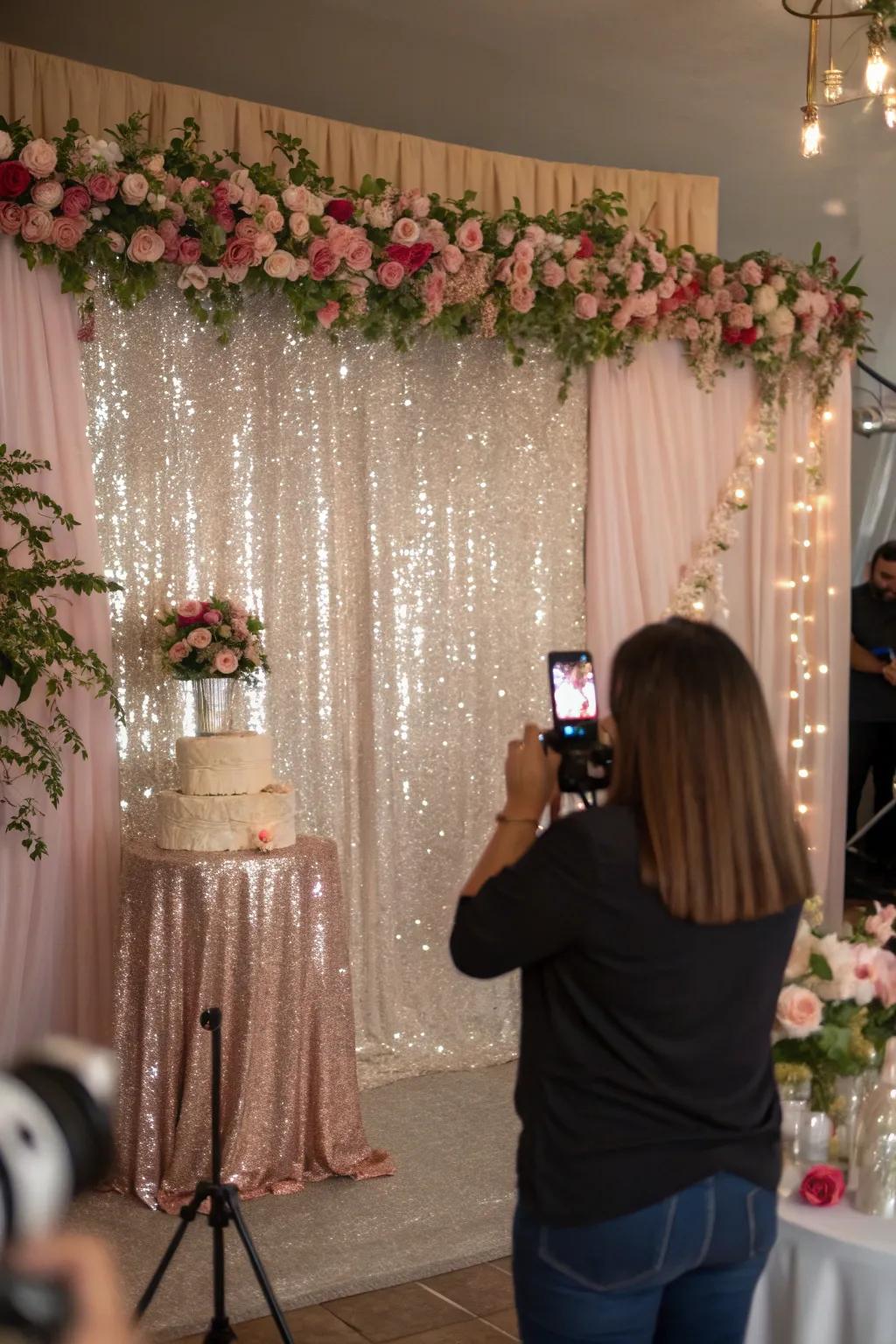 A stunning sequin and floral backdrop ideal for memorable party photography.