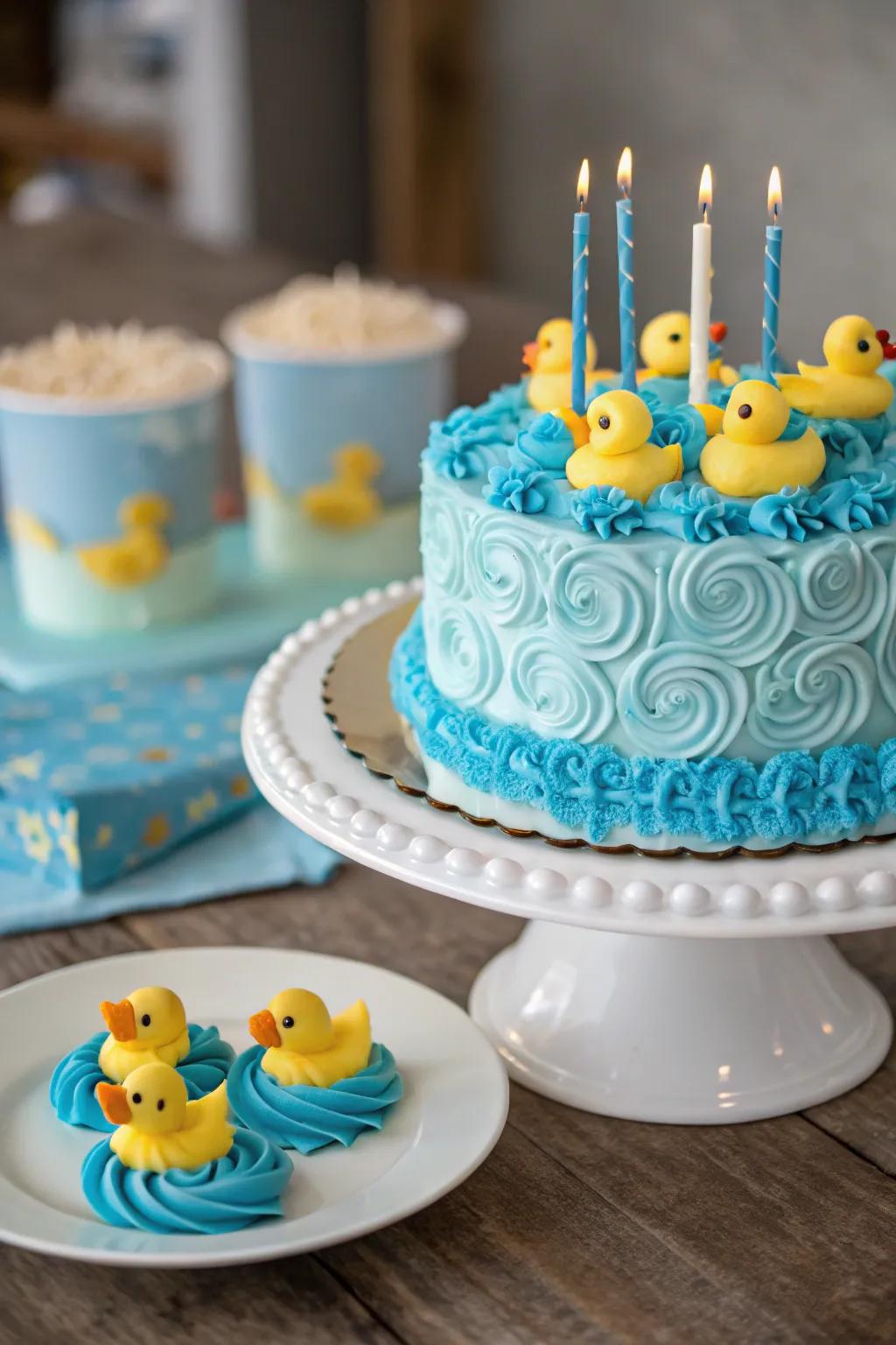 A delightful duck-themed birthday dessert.
