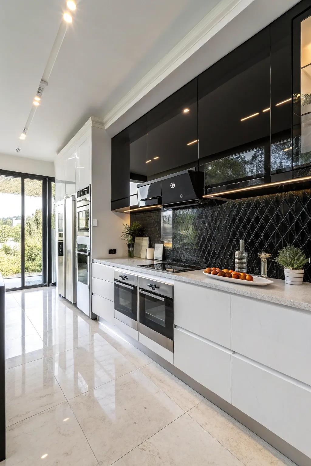 A modern cooking area with a black accent wall, providing a sleek backdrop to refined cabinetry.
