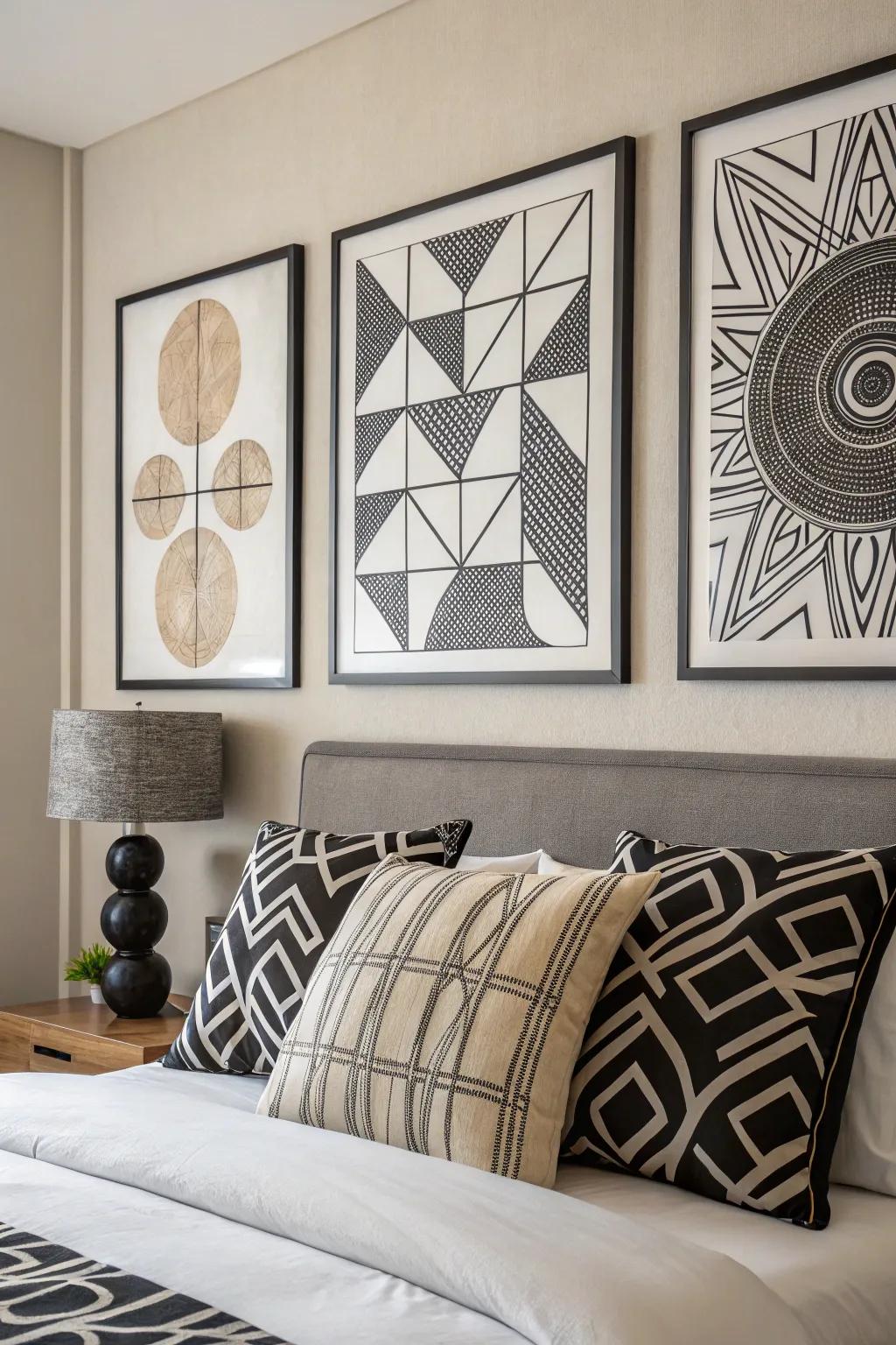 Monochrome abstract art enriches the contemporary feel of the space.