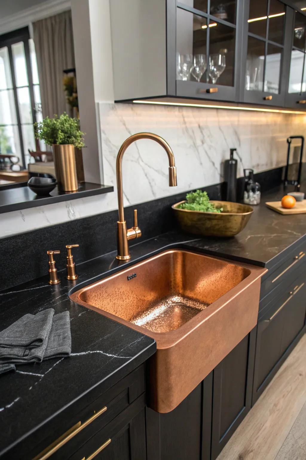 A bronze washbasin appears as a sumptuous focal point in a dark kitchen.