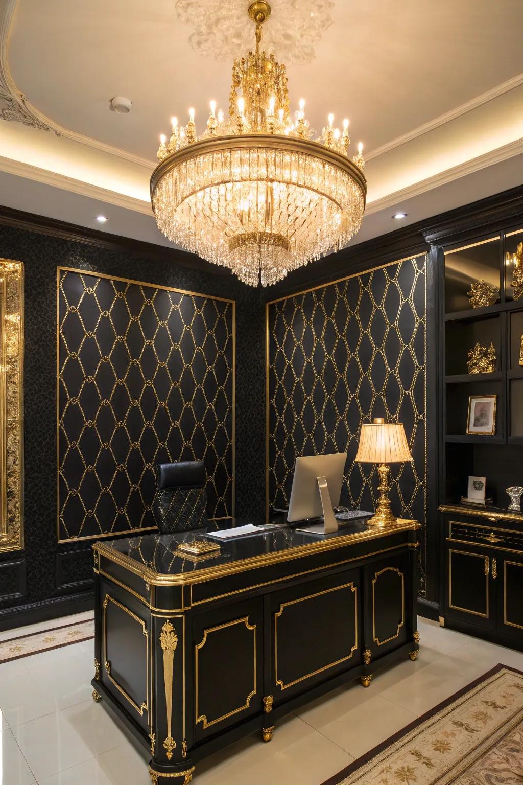 Gilded lighting elements can elevate the elegance of any workspace.