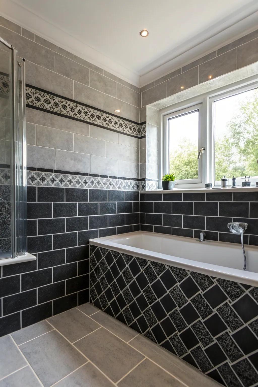A bathroom that features contrasting dark and grey floor coverings for a vibrant appearance.