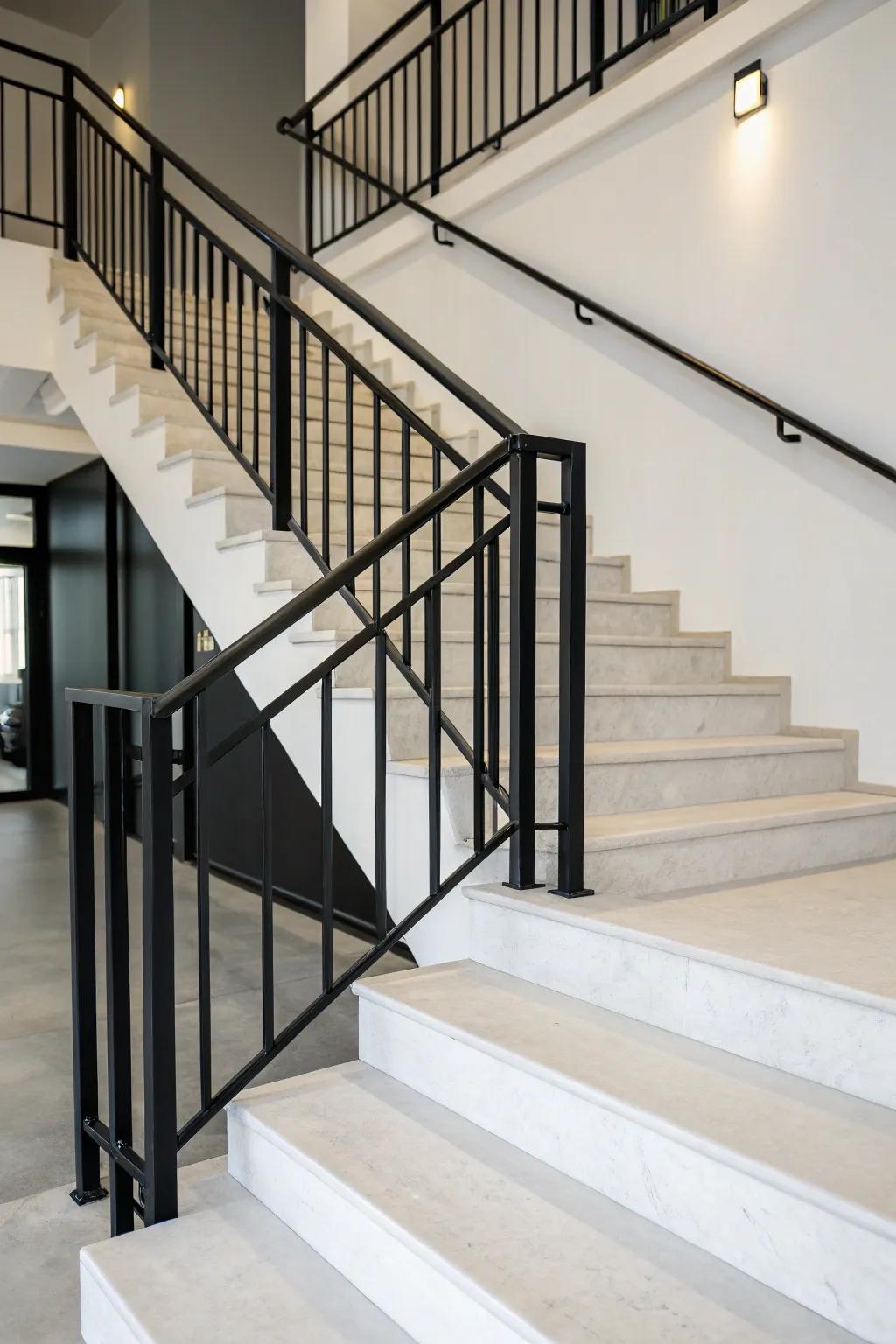 A minimalist staircase showcasing noir railings for a contemporary aesthetic.