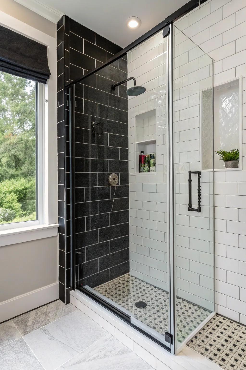 An ebony tile feature wall infuses drama and depth into this shower.