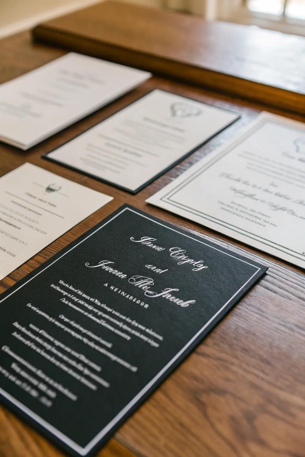 Classic monochrome wedding announcements set the tone for a sophisticated event.