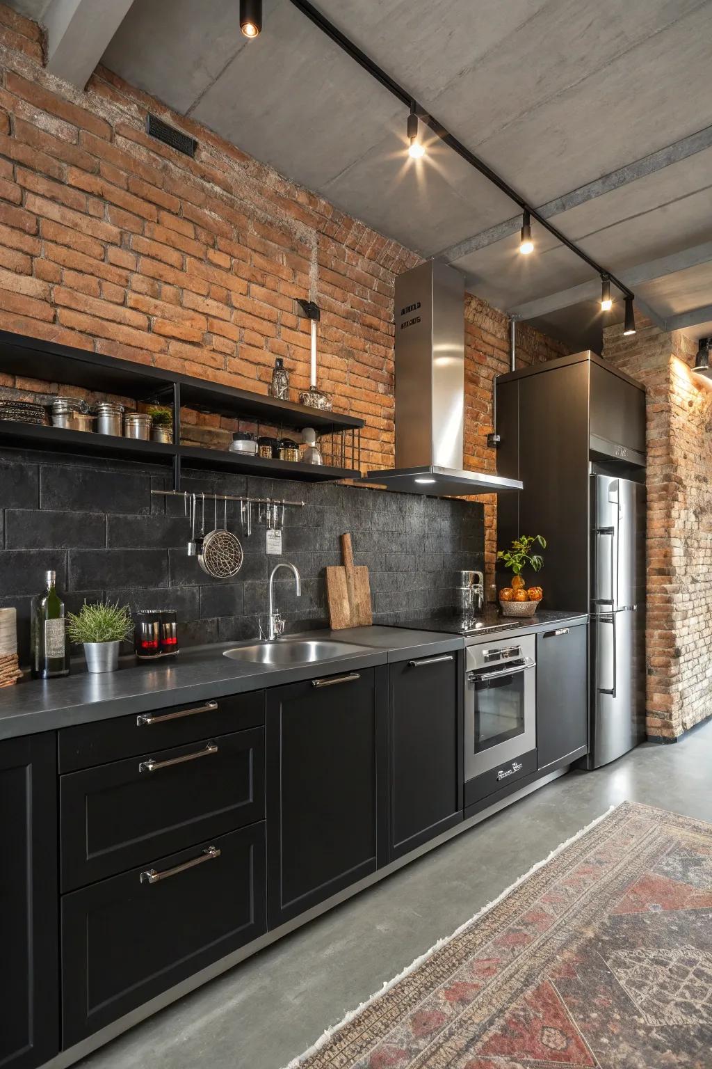 In this industrial-chic kitchen, an ebony backsplash meets urban design components.