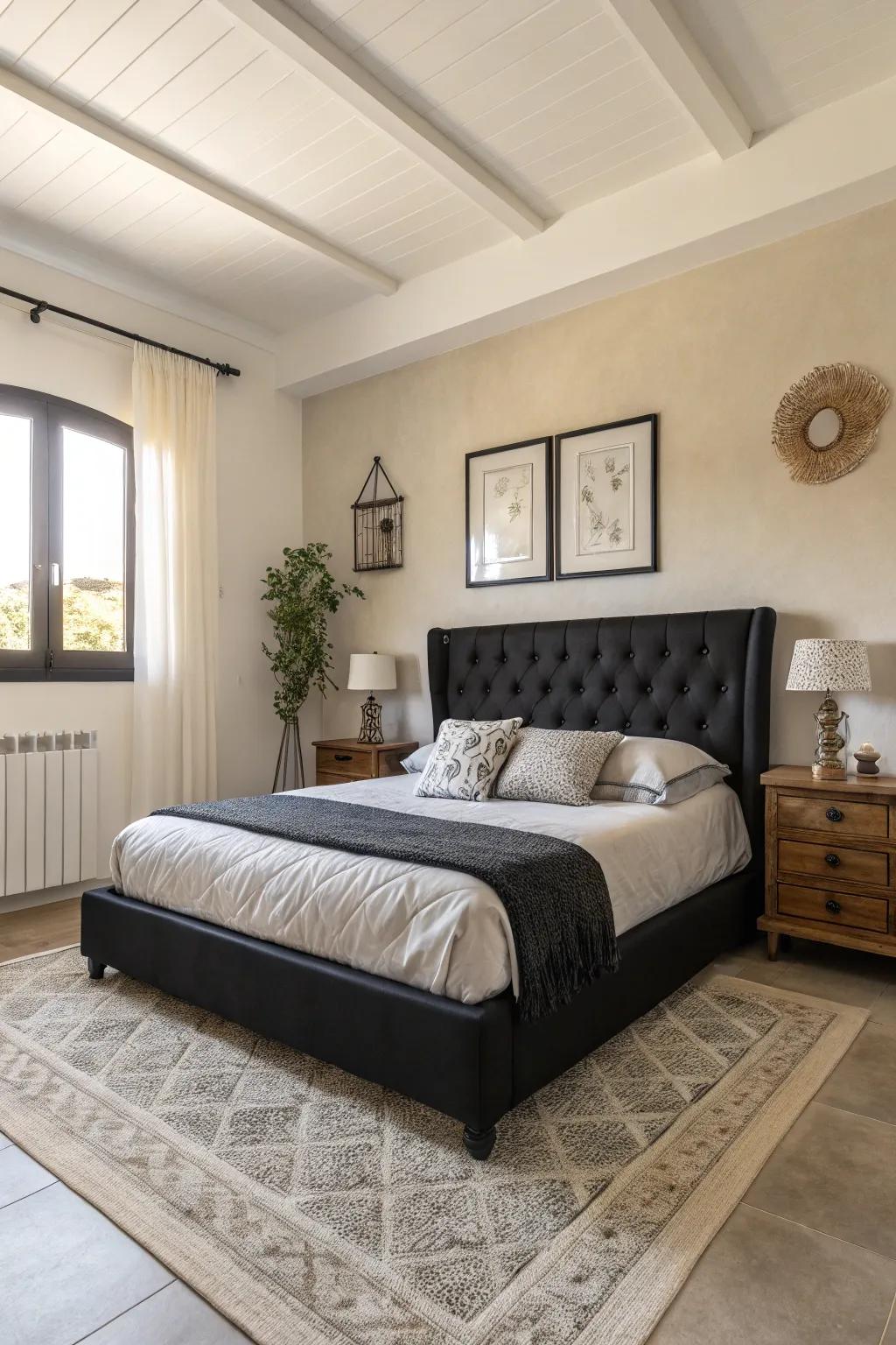 A notable dark bed acts as the centerpiece in this minimalist bedroom.