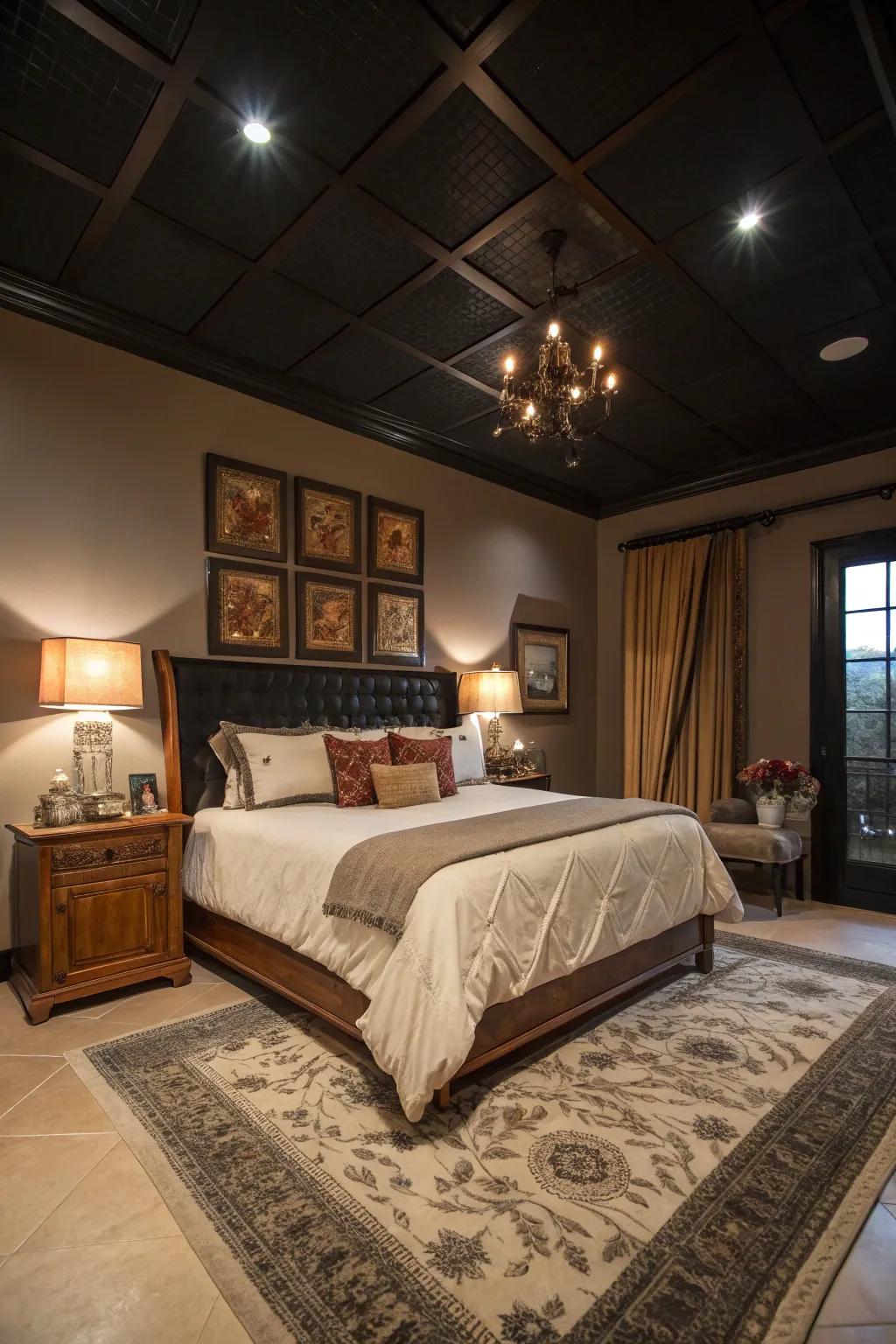 A polished bedroom where a dark overhead brings depth and warmth.
