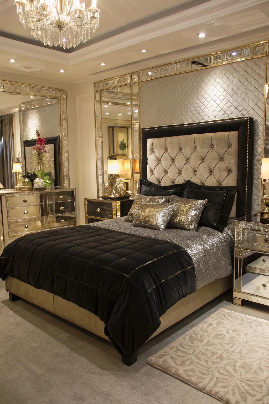 A glamorous bedroom that glistens with metallic accents.