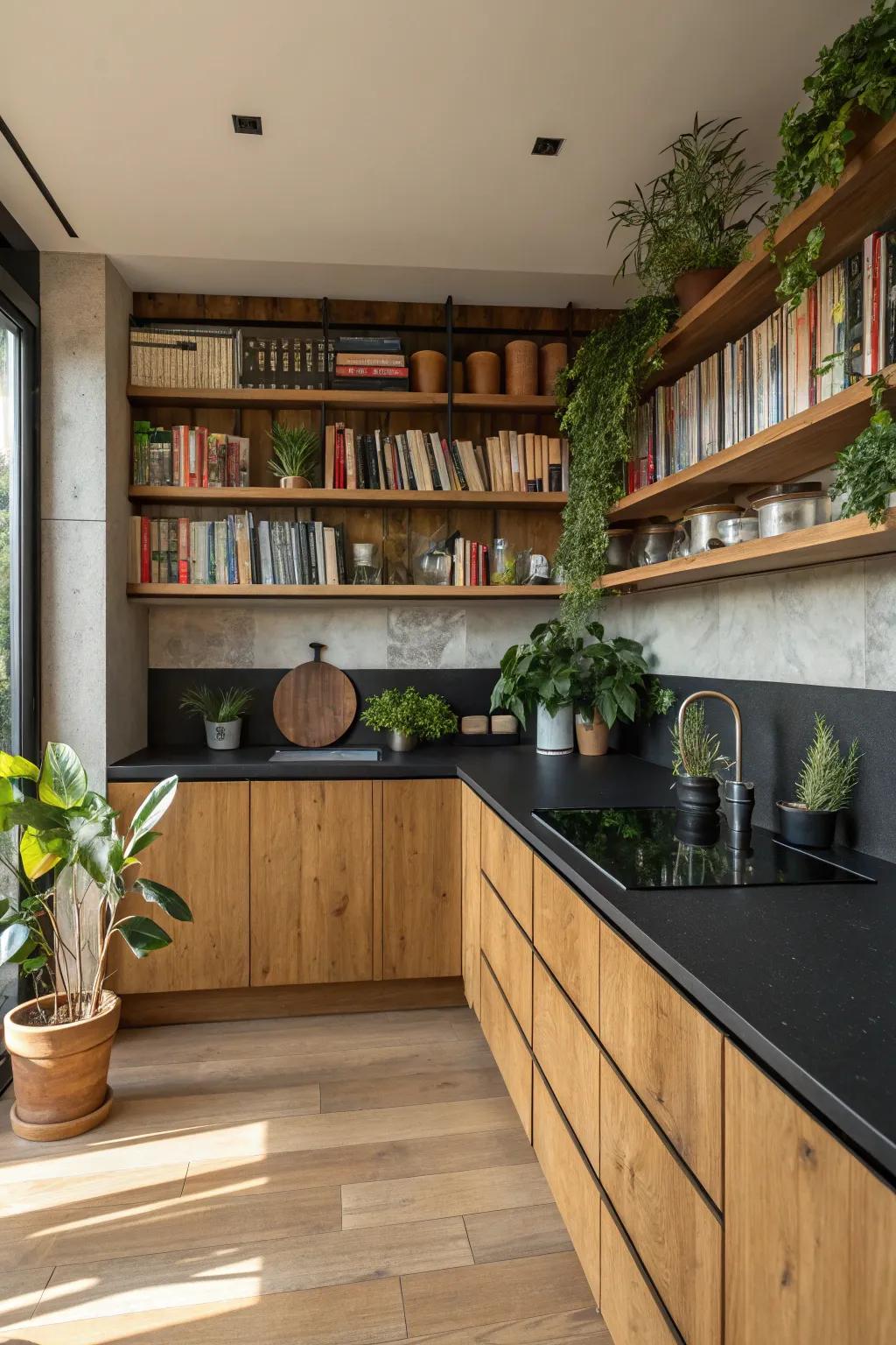 The incorporation of wood elements to warm up a kitchen featuring black countertops.