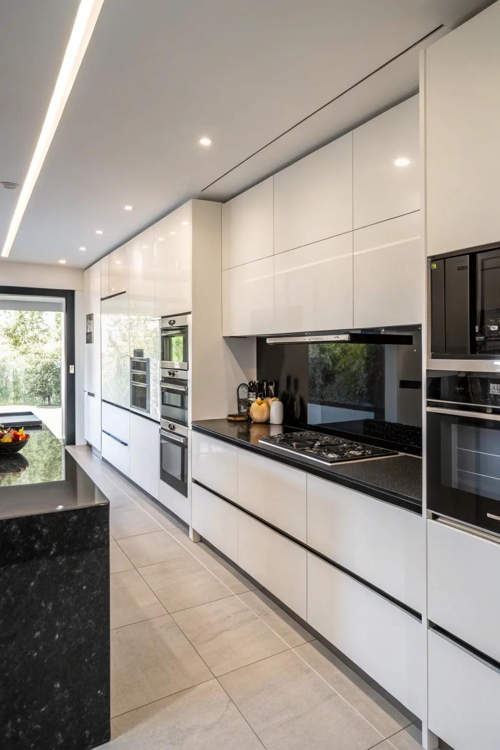Integrated devices alongside ebony worktops for a streamlined visual.