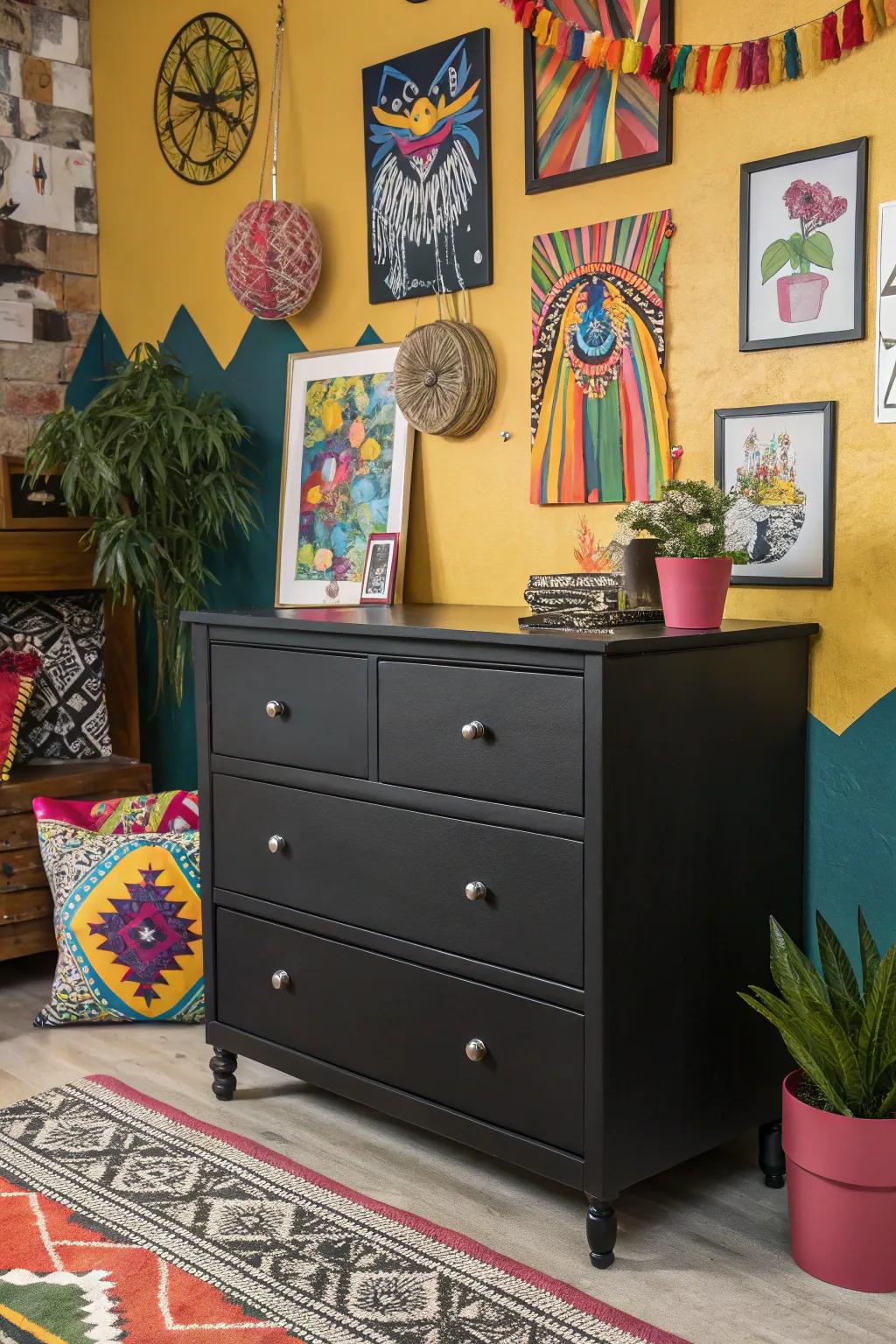 A dark wood dresser accentuating strong colors in a lively room.
