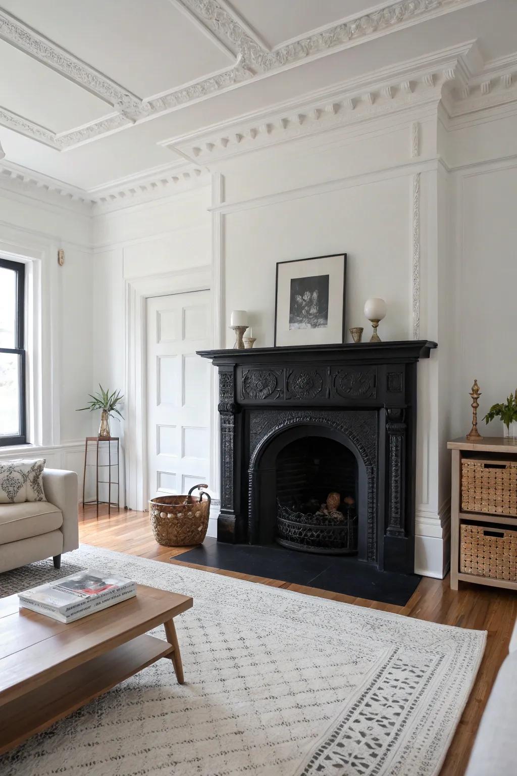 Produce a striking contrast by pairing a dark hearth with light-colored walls.
