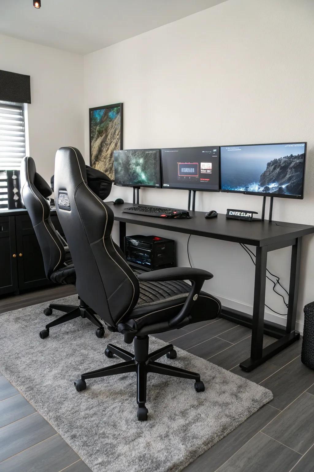 A multi-monitor setup boosts the gaming experience and contributes to a high-tech aesthetic.