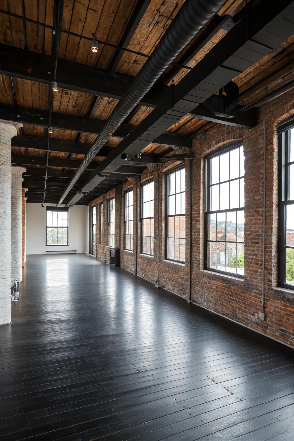 Commercial loft featuring trendy dark hardwood floor.