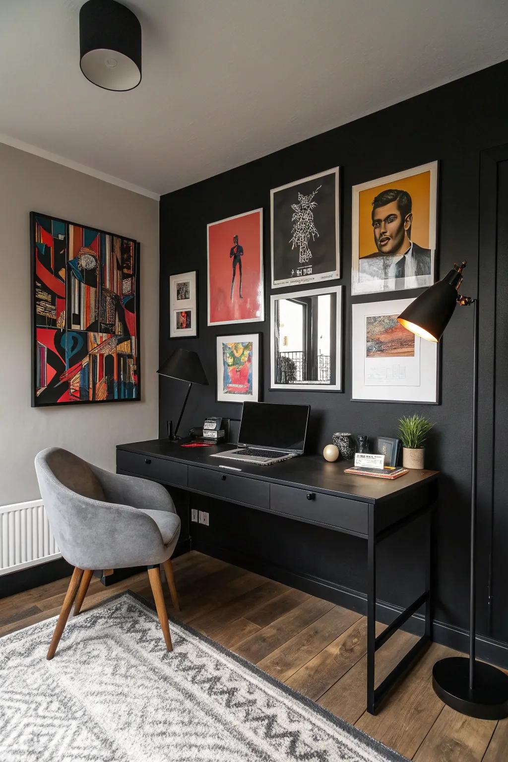 A personalized home office displaying captivating artwork.