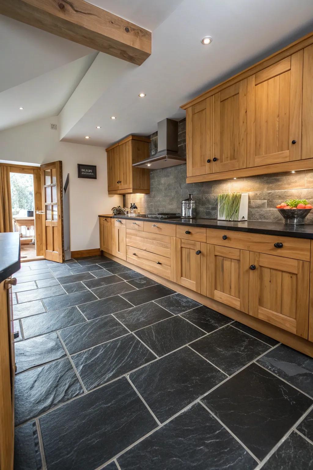 A kitchen displaying the deep texture of raw slate ebony floor tiles.