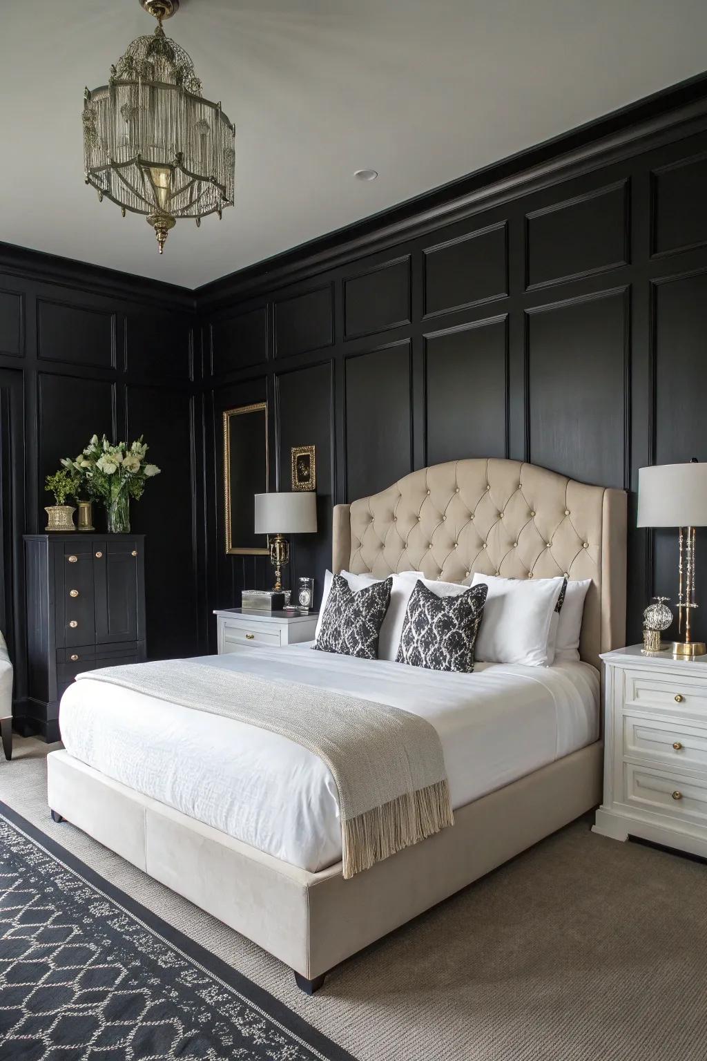 Pale bedding delivers a striking opposition to charcoal decor.