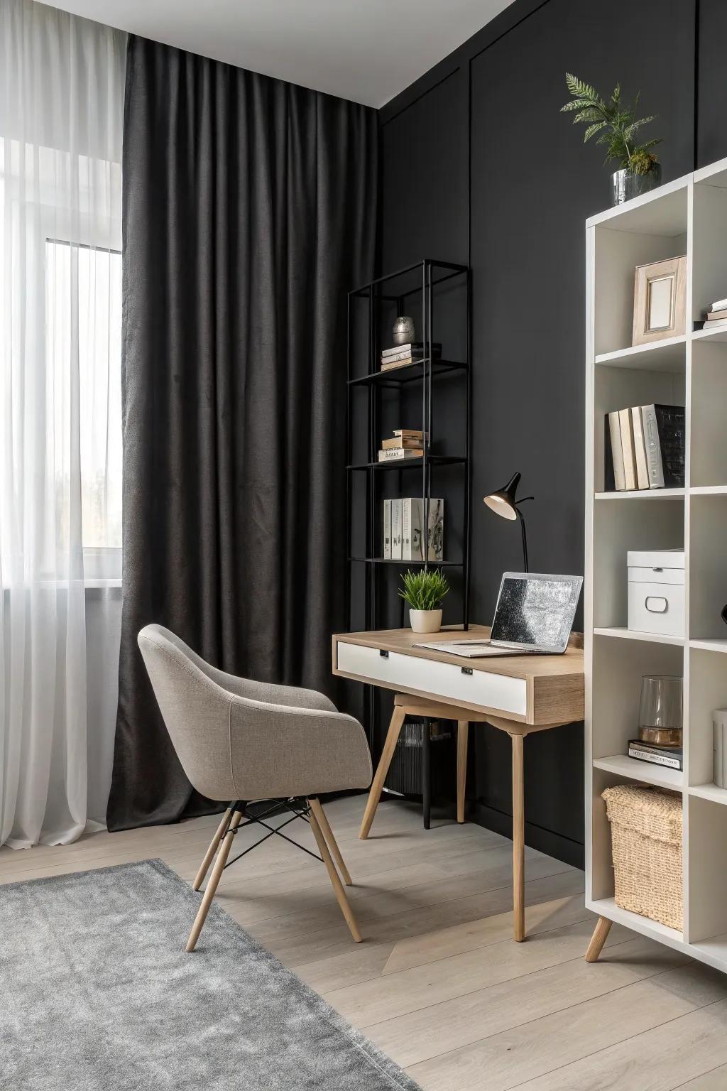 Minimalist furniture enhances the elegance of an office decorated in black.