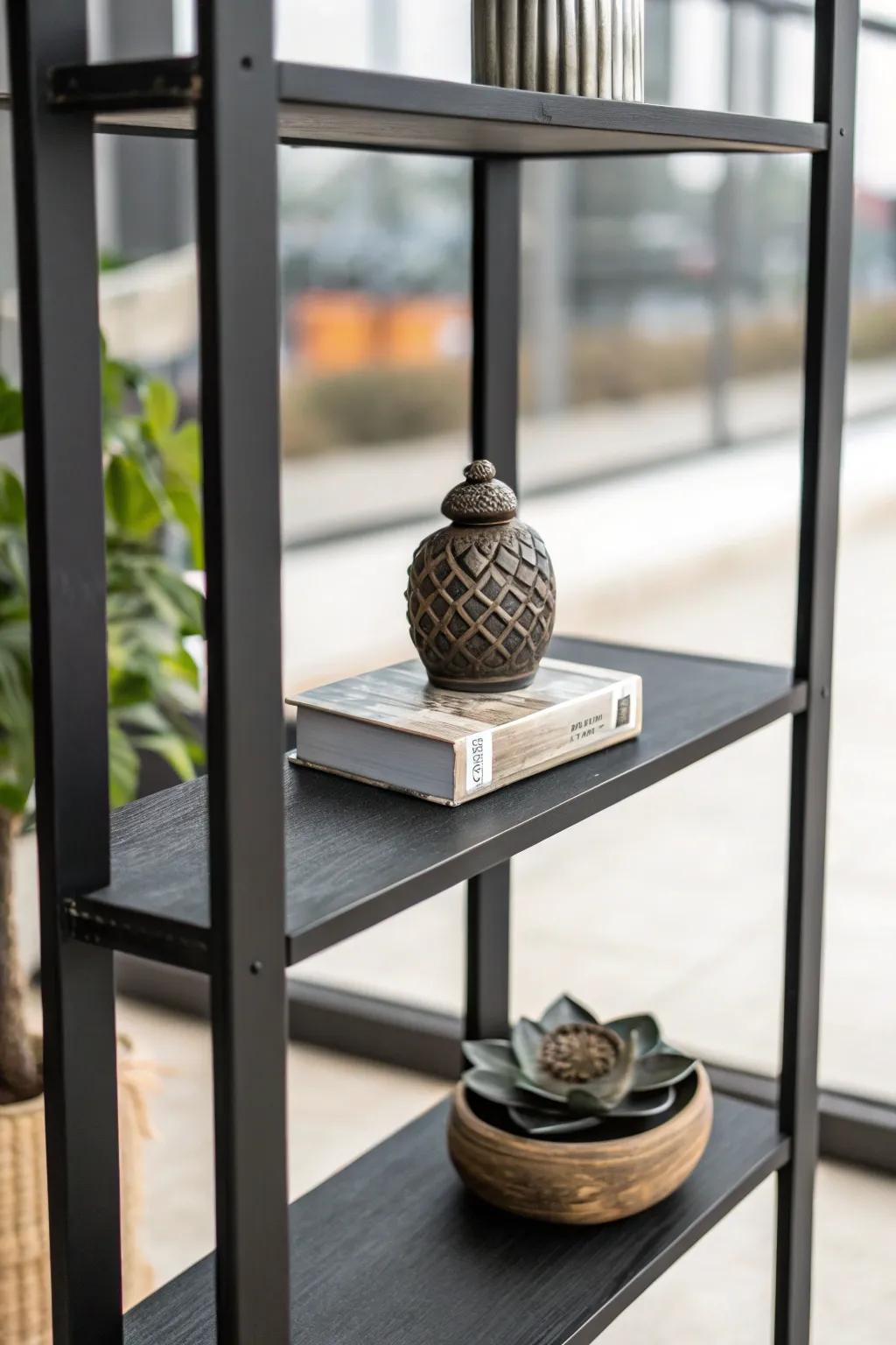 A decorative sculpture contributing refinement to a dark-colored shelf.