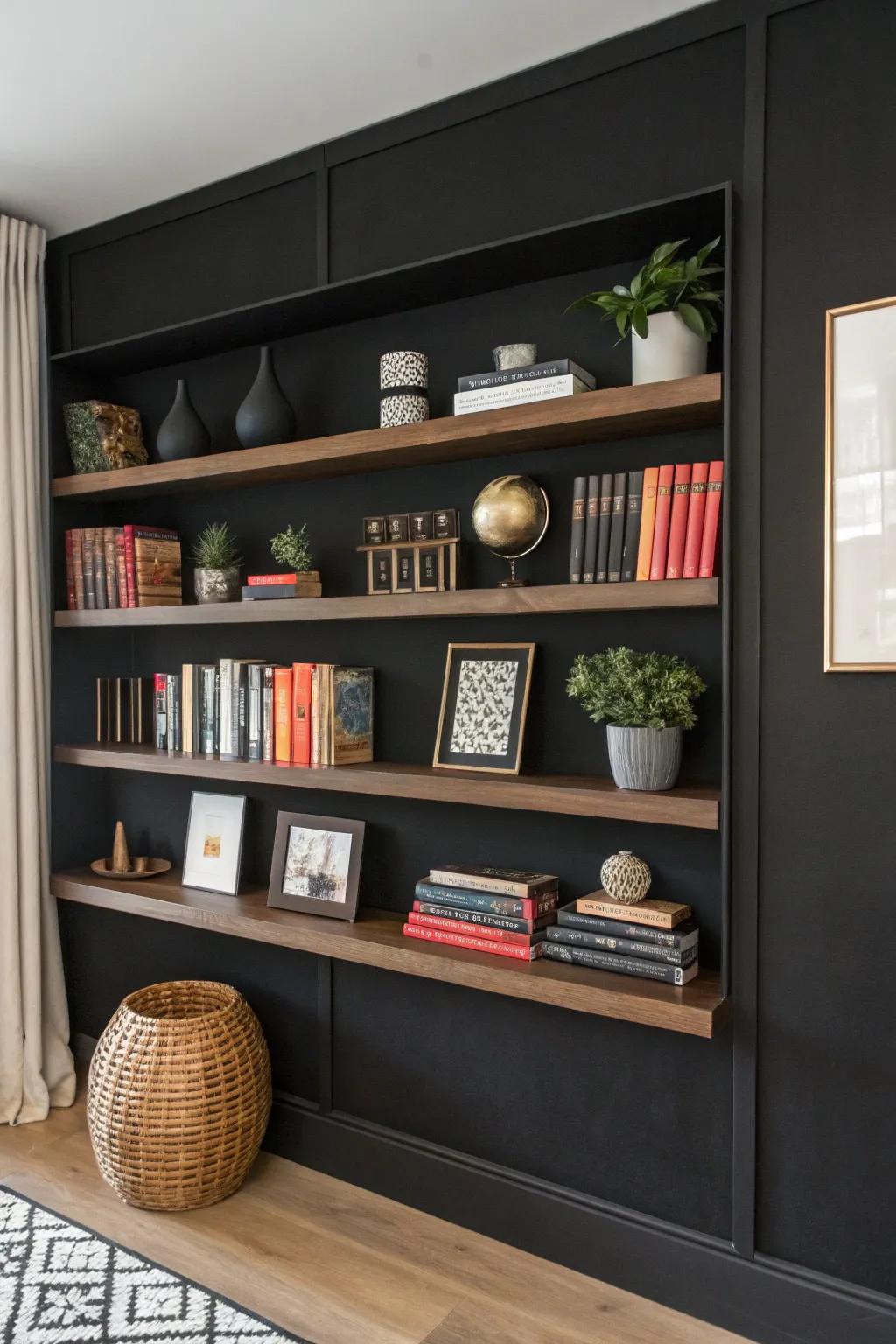 Integrated shelving set against a black wall.