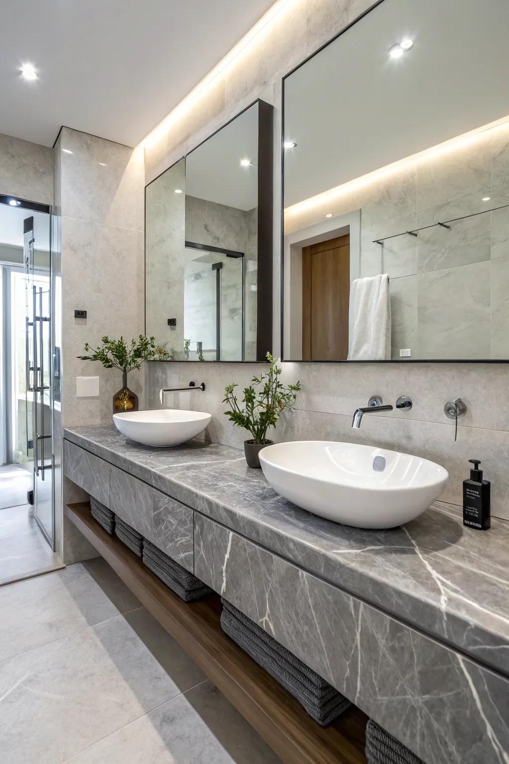 Dove marble details amplify the sense of luxury and sophistication within this bathroom.