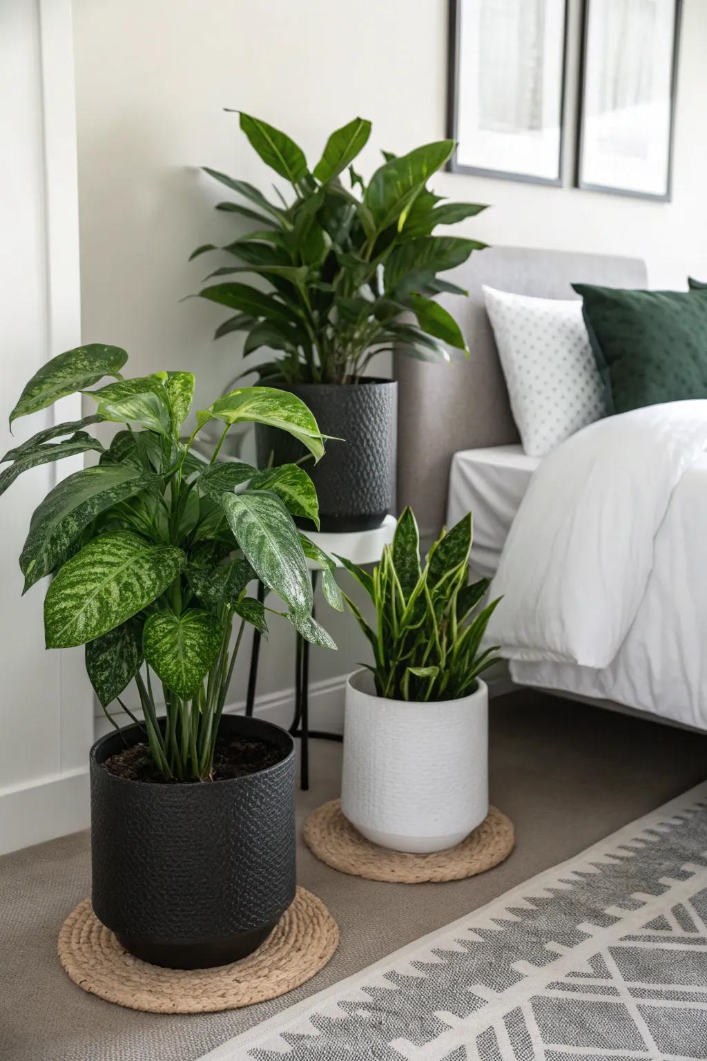 Verdant plants injecting a lively element into a monochrome bedroom.