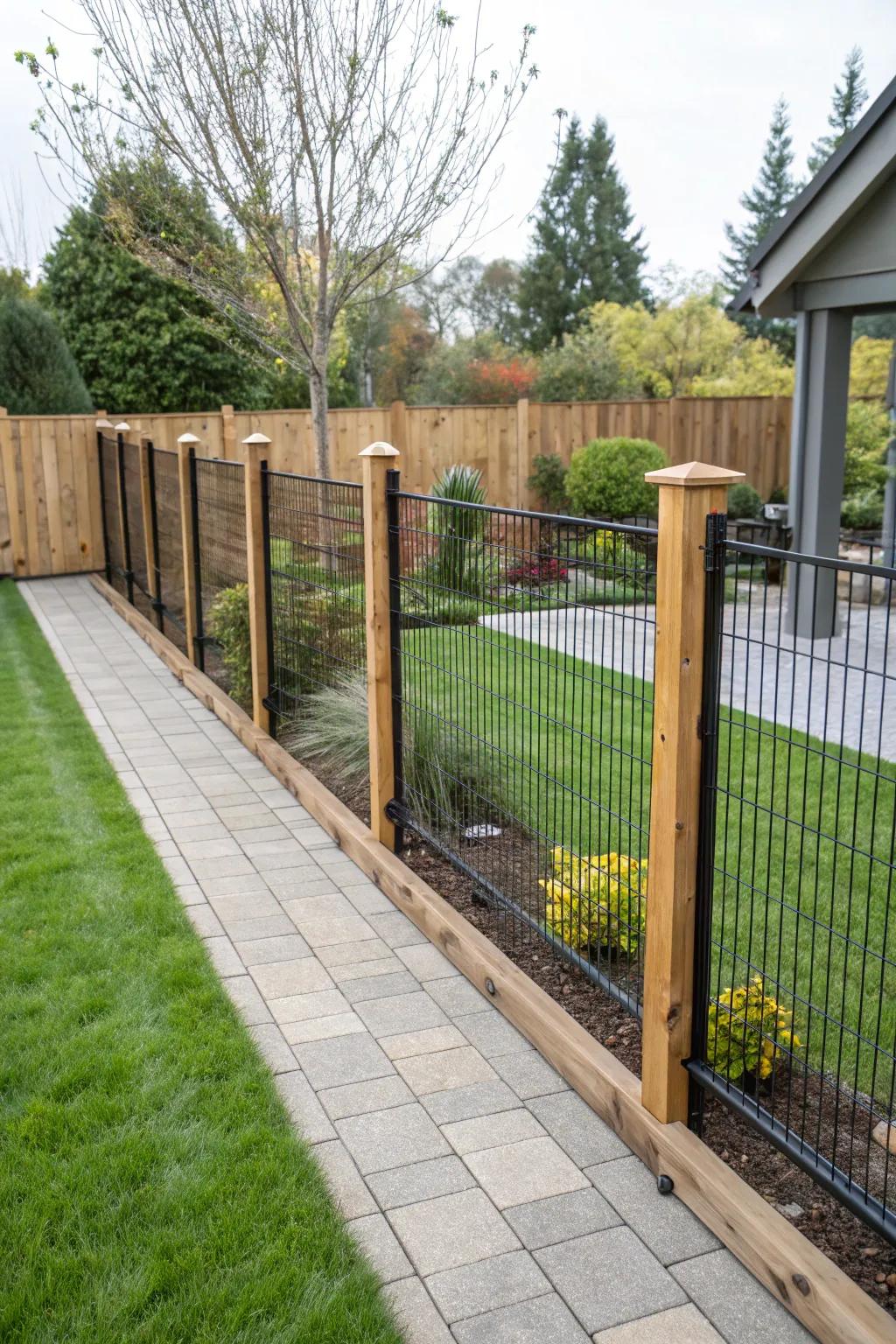 Develop a striking mixed material border using dark steel-strand and wood.