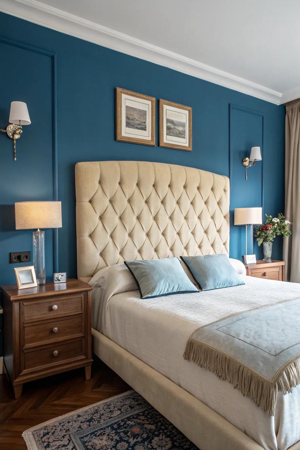 The contrast between a beige headboard and blue walls is stunning.