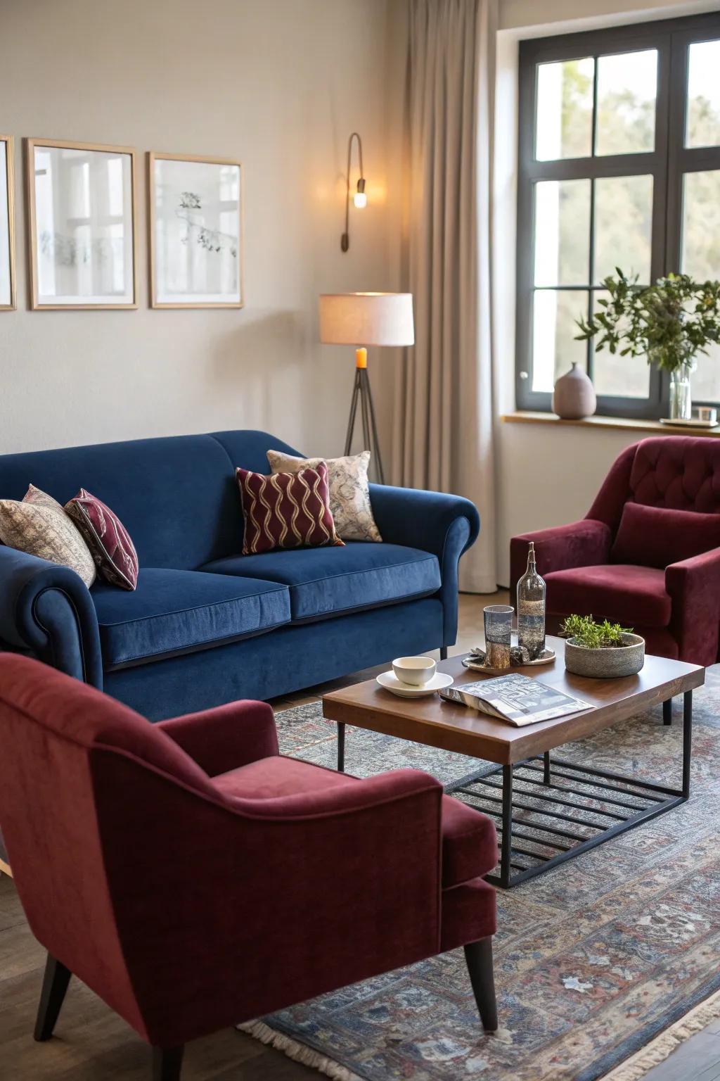Midnight azure and wine-toned seating fashion a balanced and stylish centerpiece.