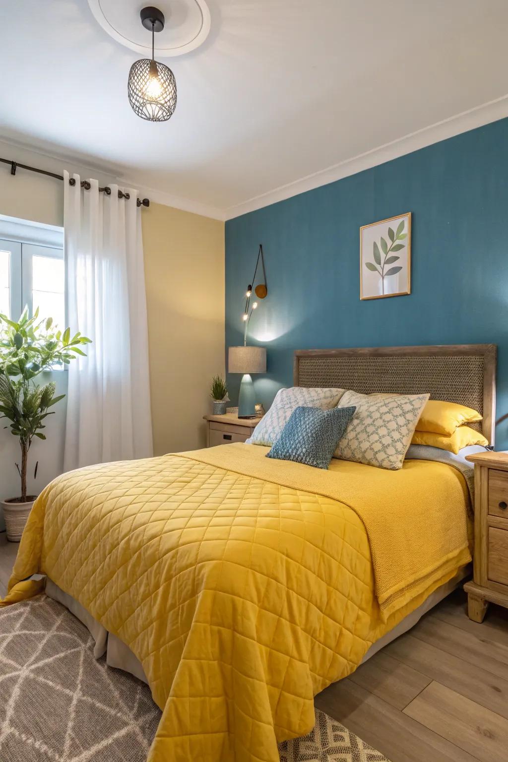 A sleeping quarters featuring an azure focus wall and gold bedding for a tranquil appearance.