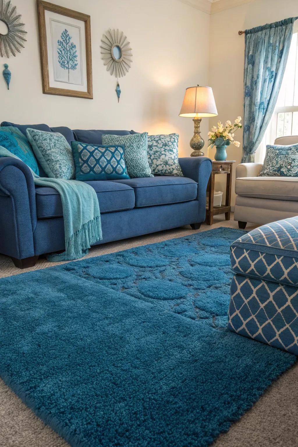 Balance your space with blended blues for a lavish, unified ambiance.