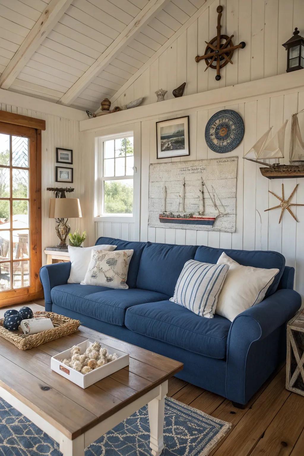 Design a beach-inspired living space featuring a sapphire settee and coastal decor.