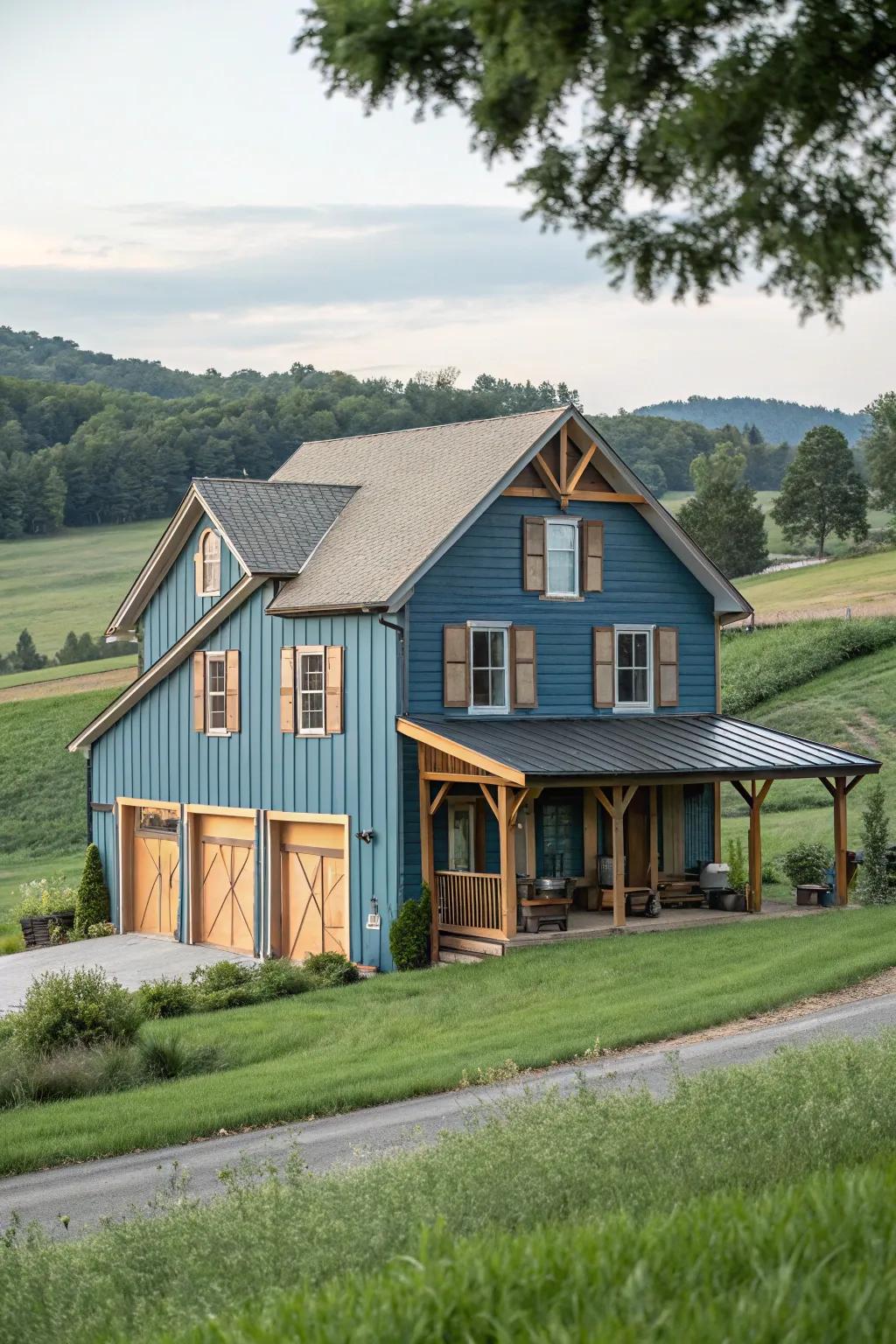 Natural wood details enrich blue exteriors with warmth.