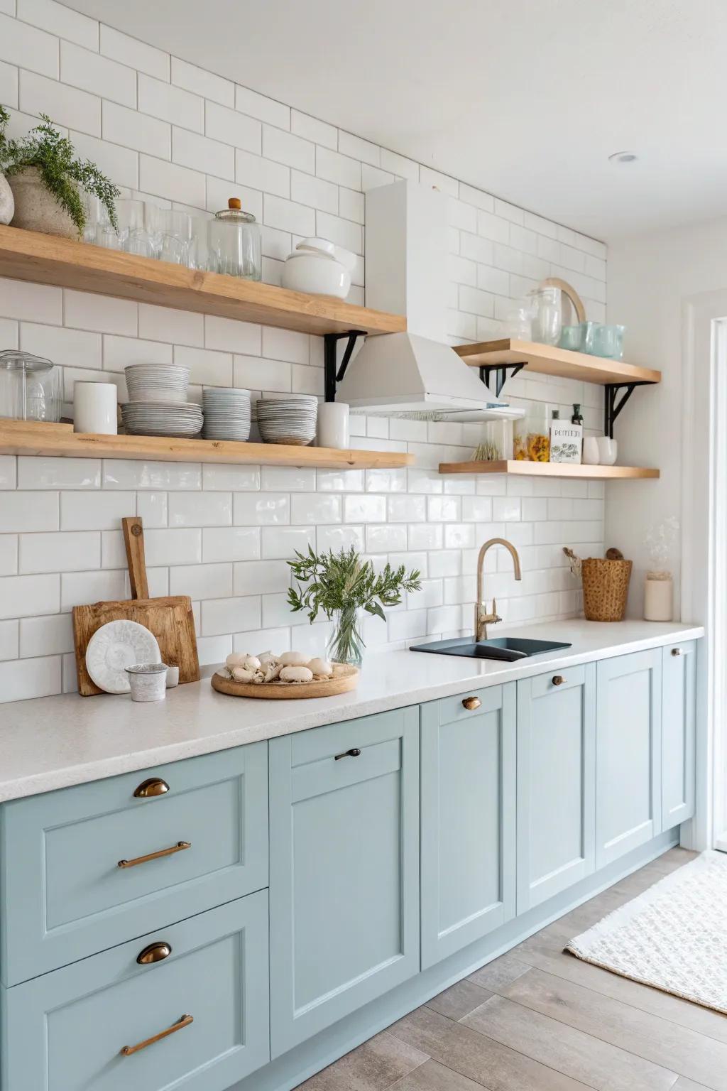 Gentle azure cupboards present a fanciful and serene aesthetic, harmonizing calmness with elegance.