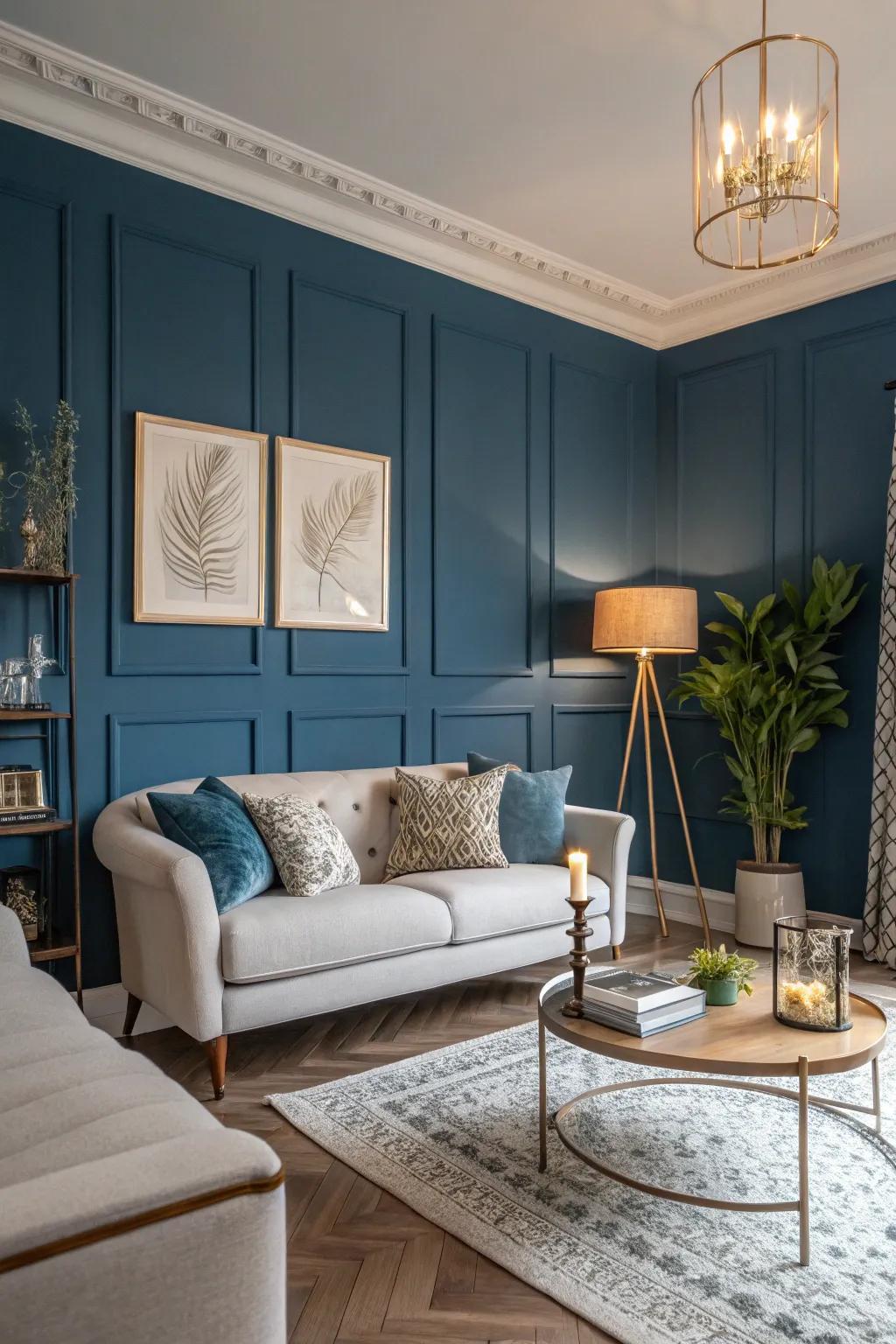 A deep blue accent wall brings a touch of dramatic elegance to this refined living room.