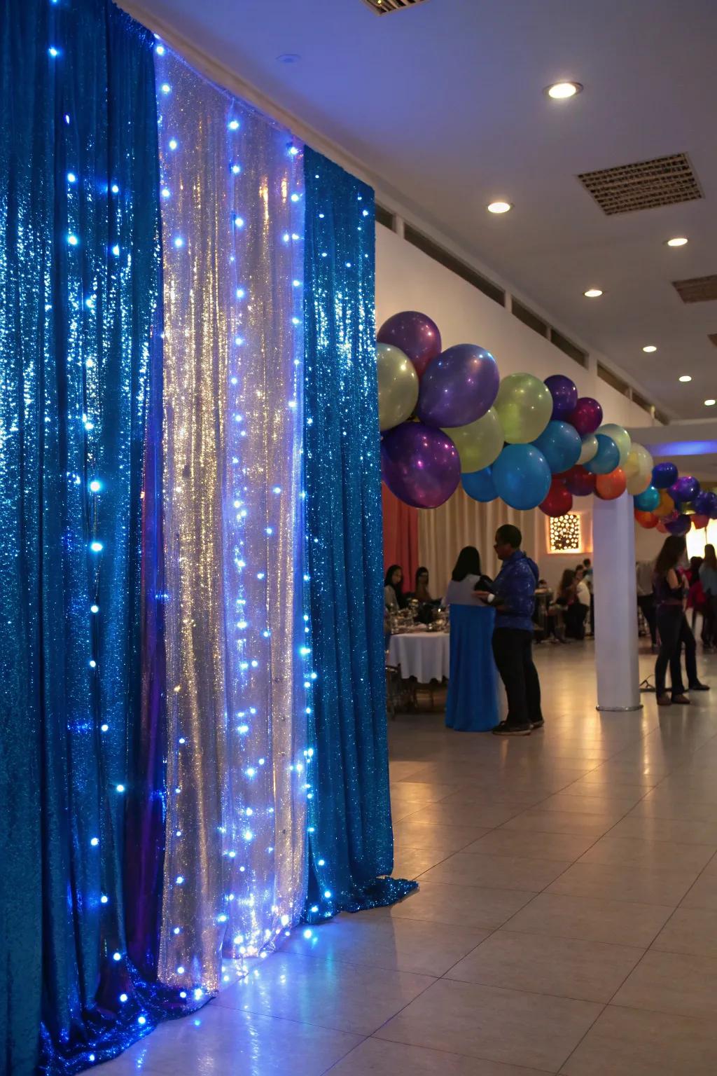 Radiant blue curtains providing an element of glamour to the celebratory atmosphere.