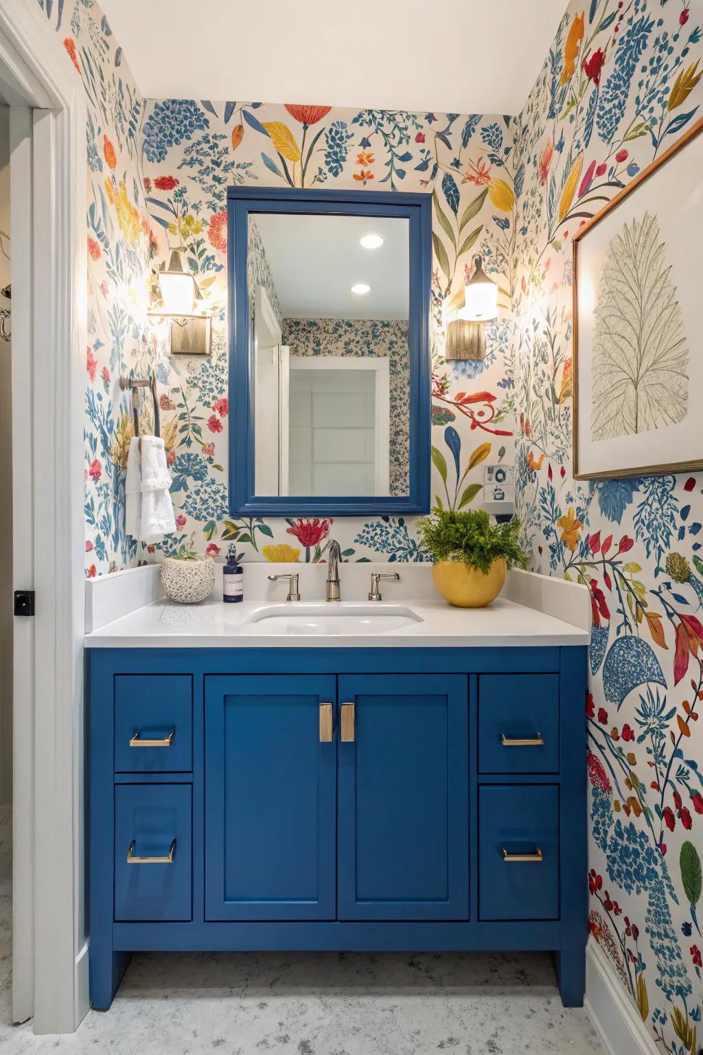 Against a whimsical backdrop, cobalt blue makes a striking declaration.