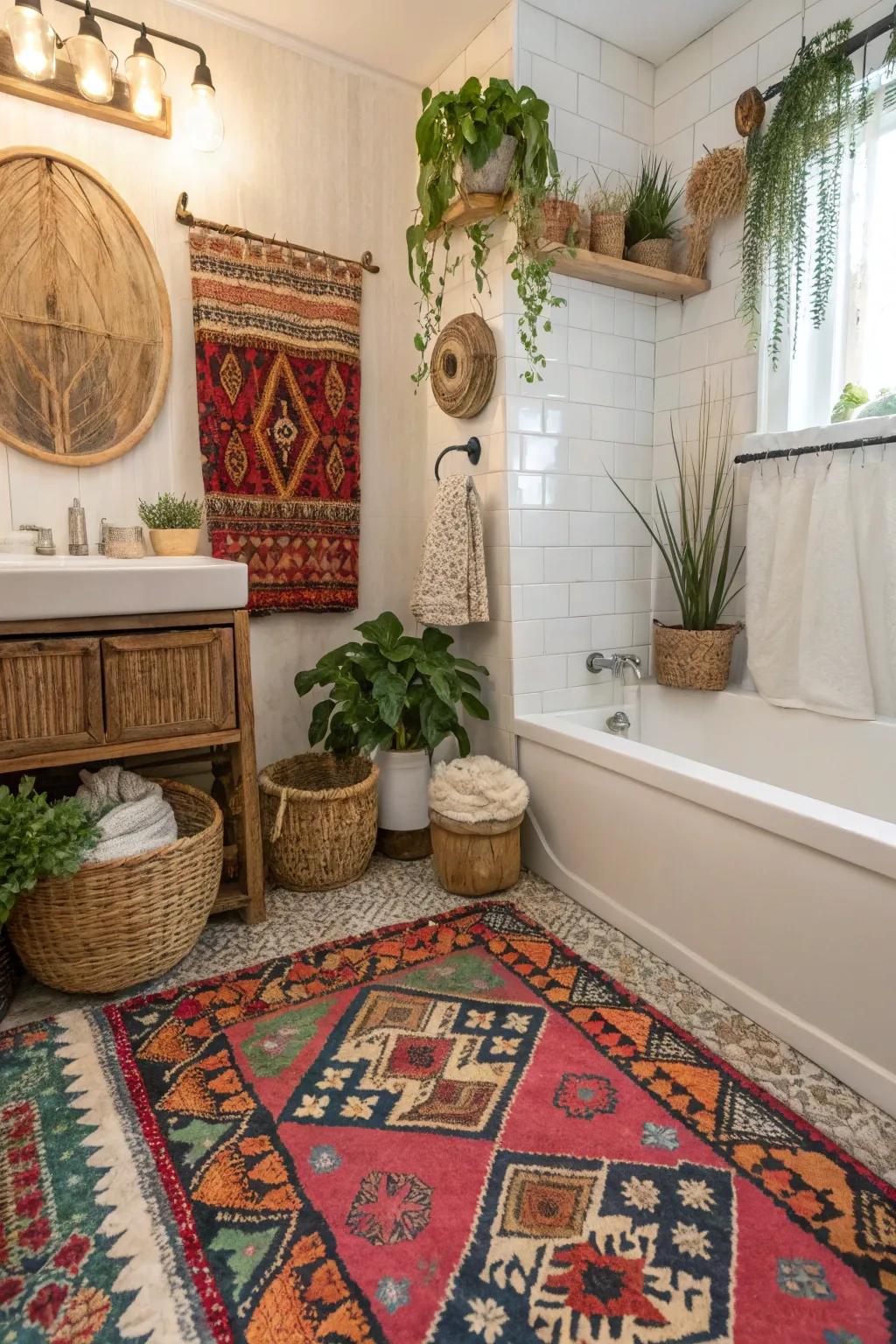 A cozy bohemian bathroom featuring a vibrant antique carpet.