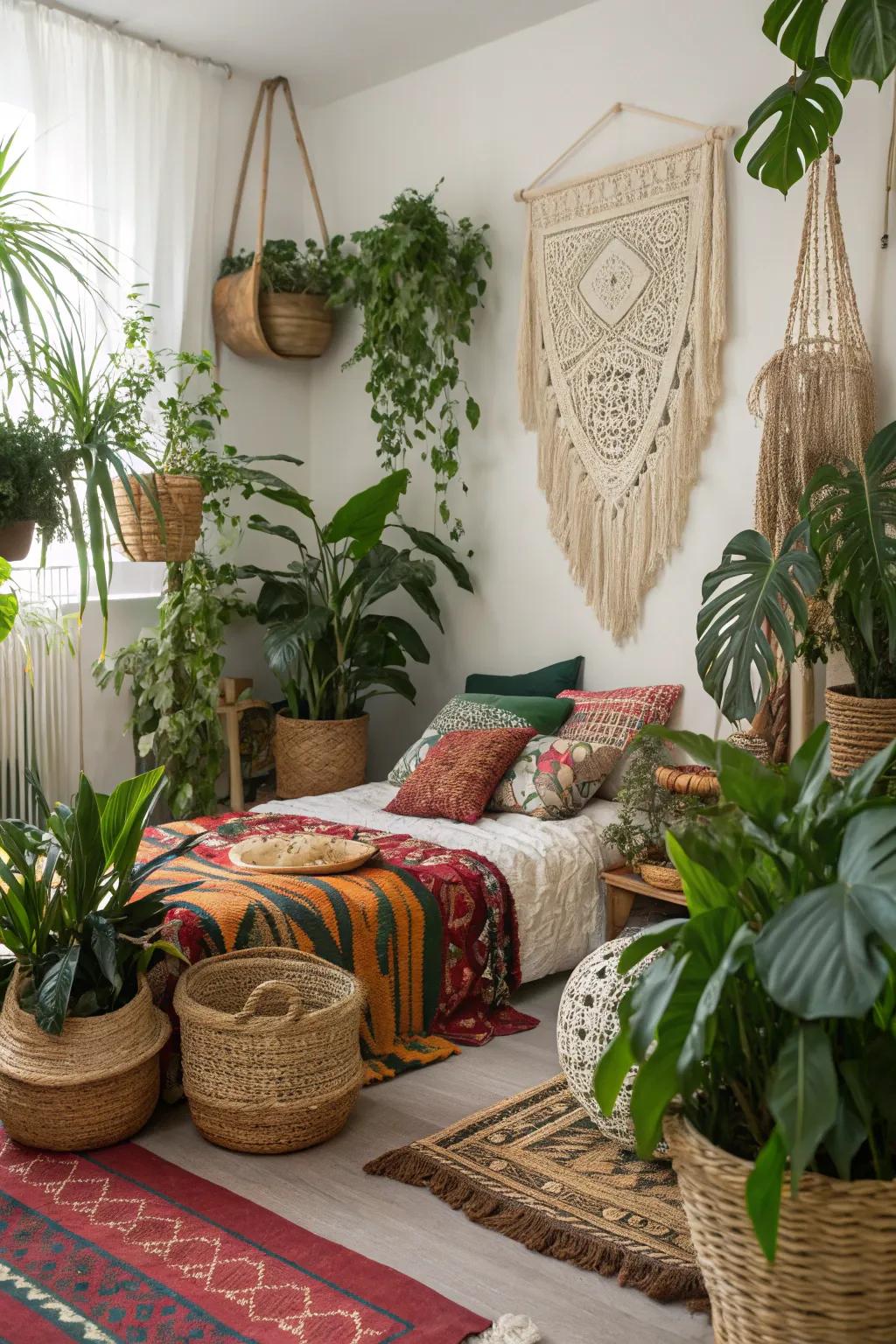 Rich house plants add vibrancy to this boho bedroom.