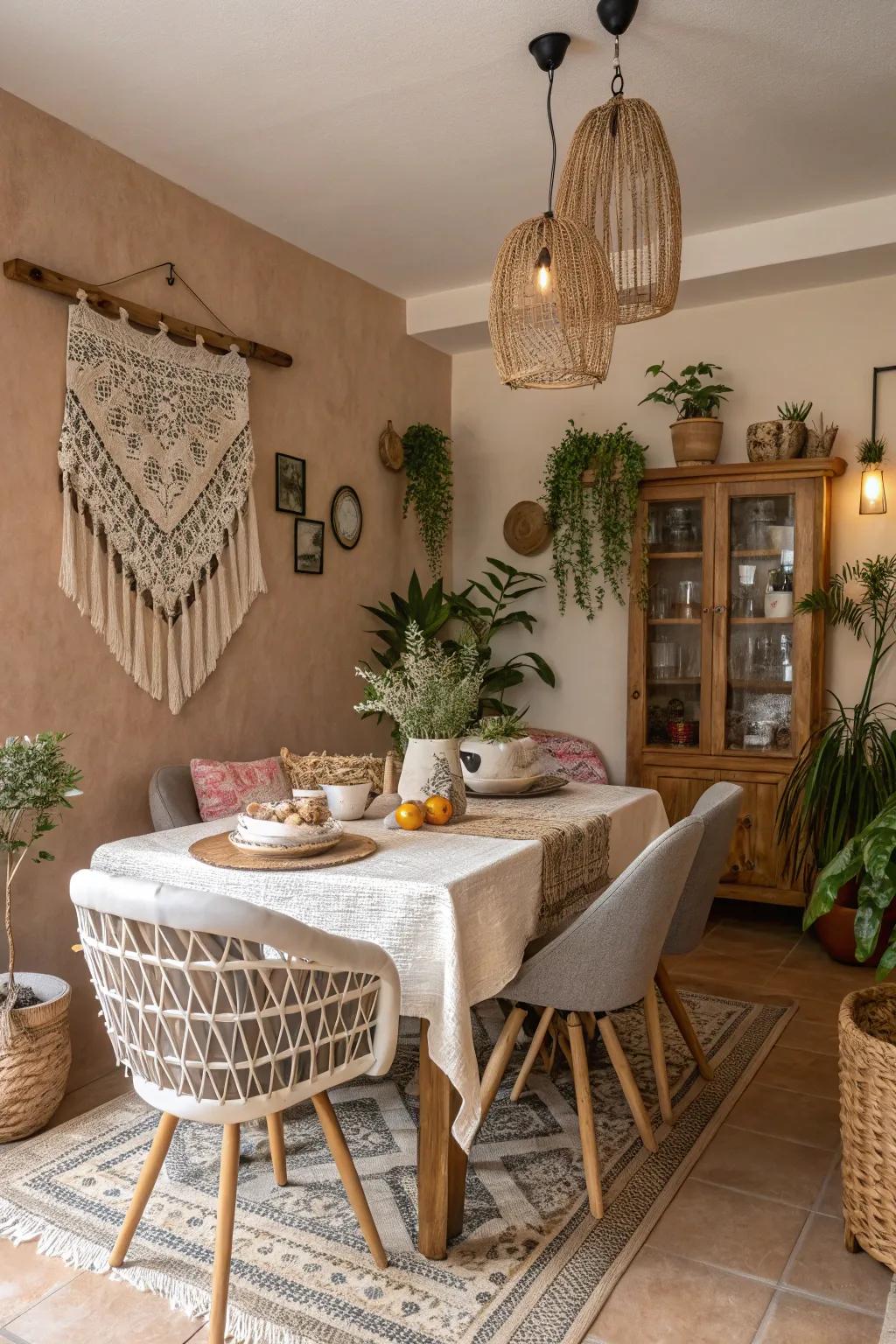 Muted hues creating a peaceful environment in a boho dining space.