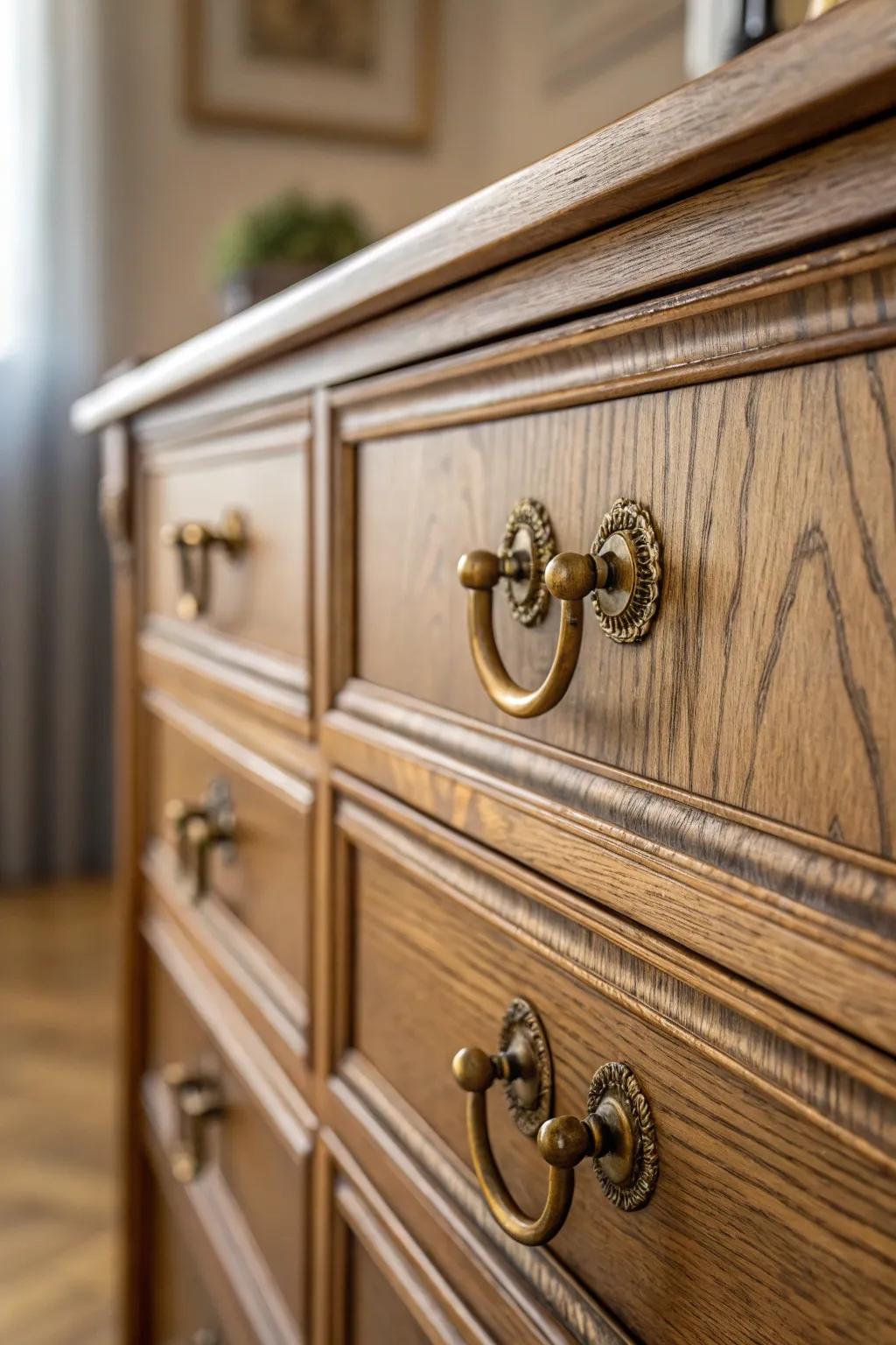 Classic brass handles infuse this boho dresser with character.