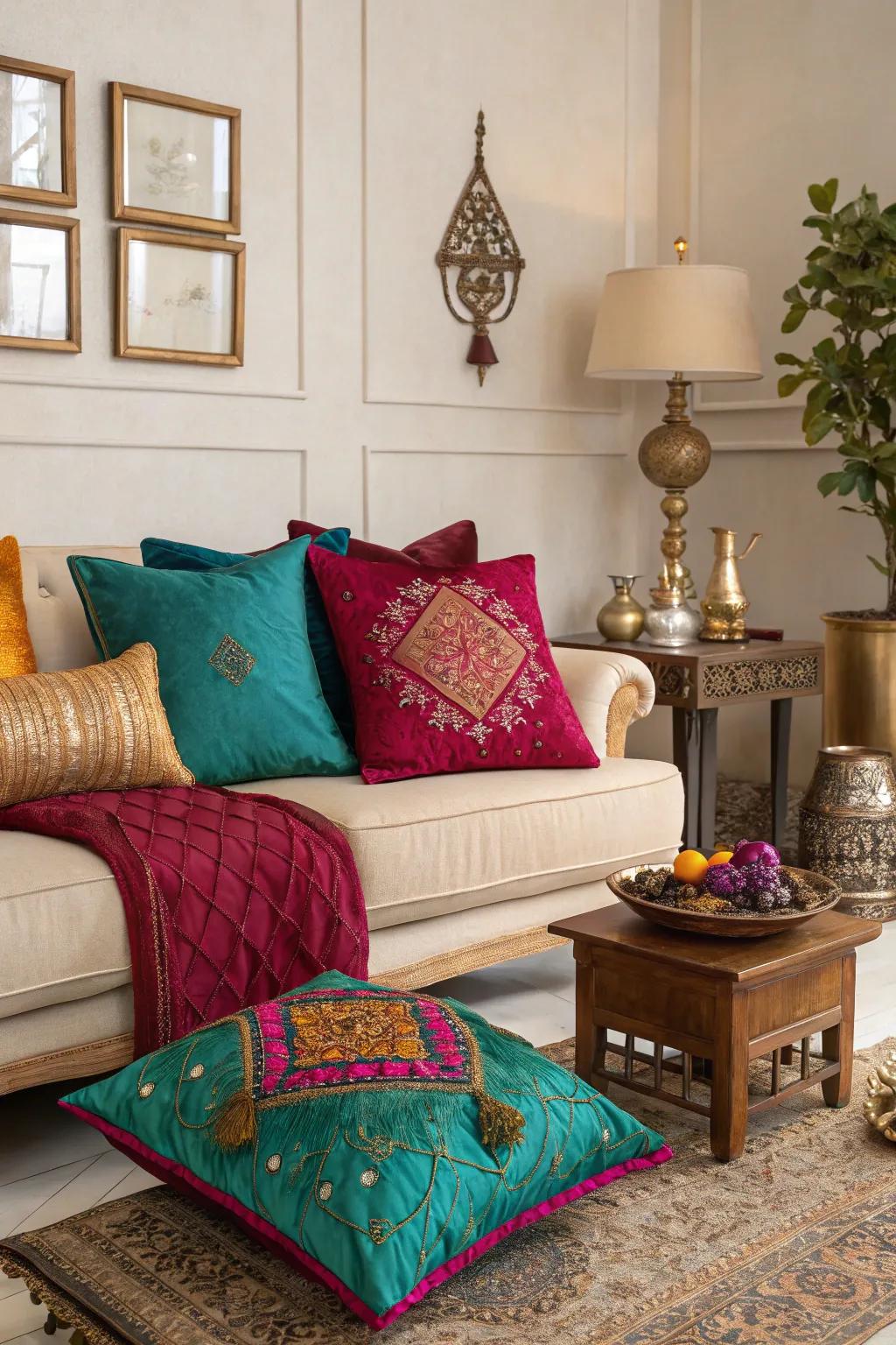 Gem-inspired hues deliver an opulent, vibrant flair to this boho glam arrangement.