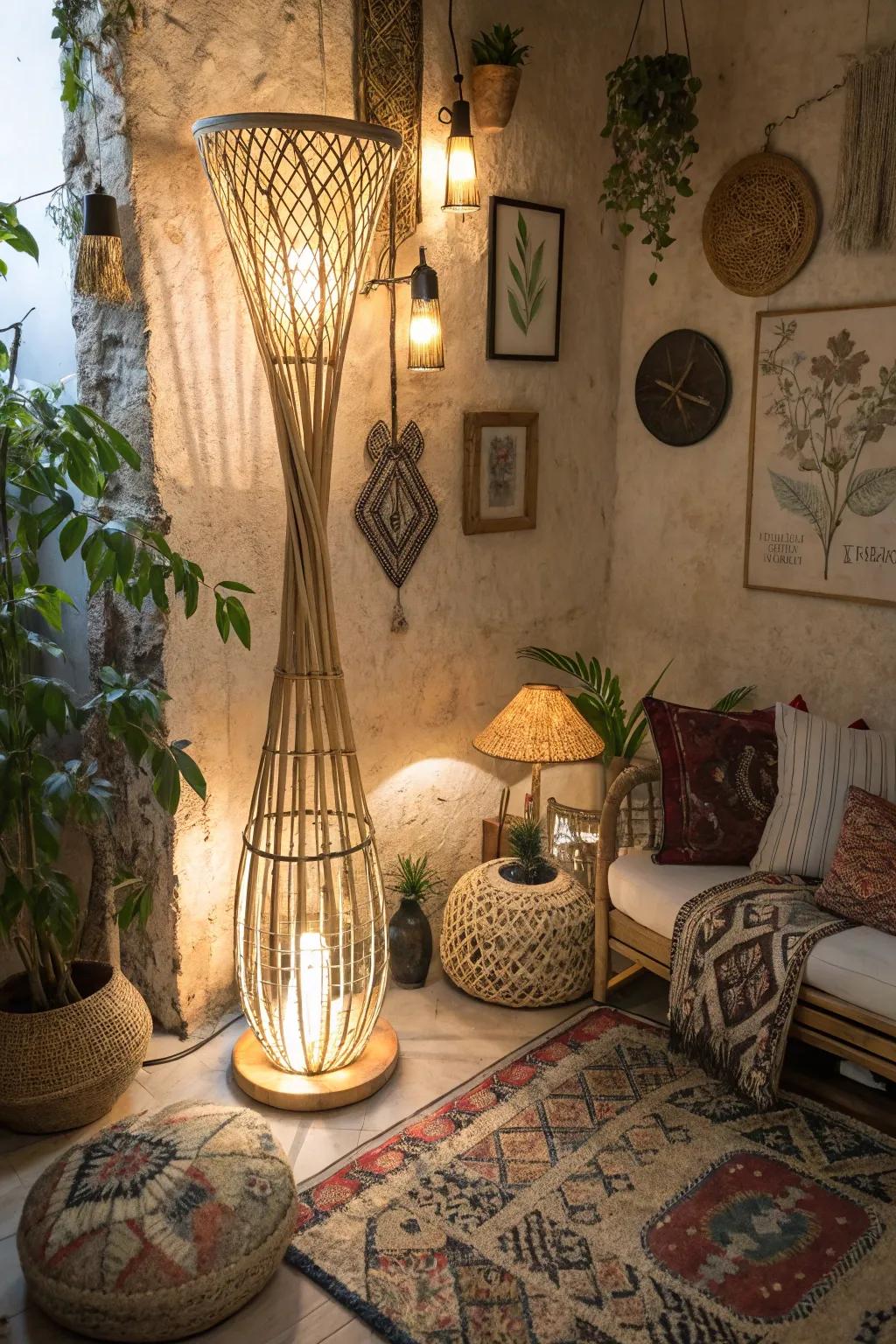 A chic weave floor lamp in a boho-themed room corner.