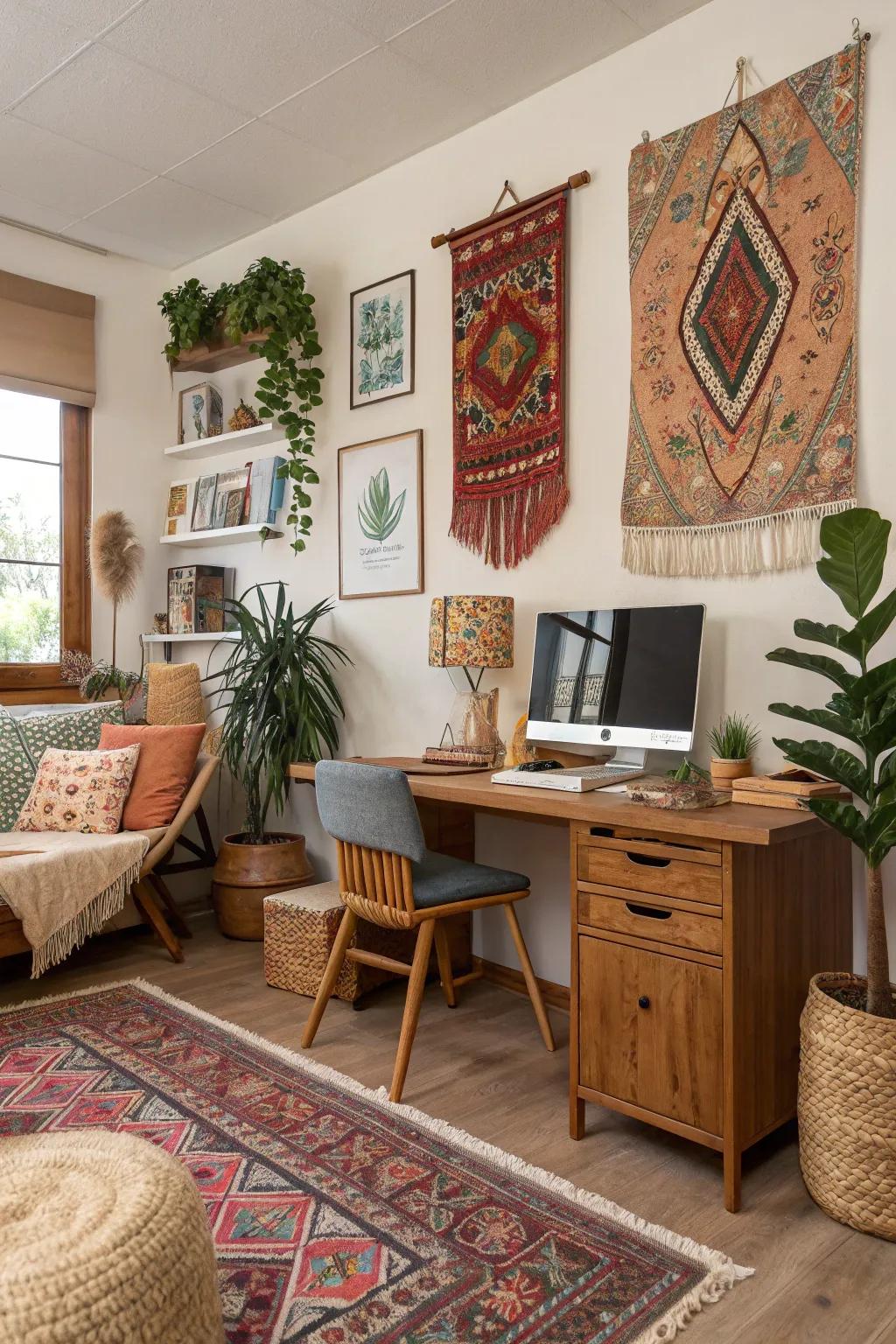 Earthy shades with colorful accents provide a balanced boho look.